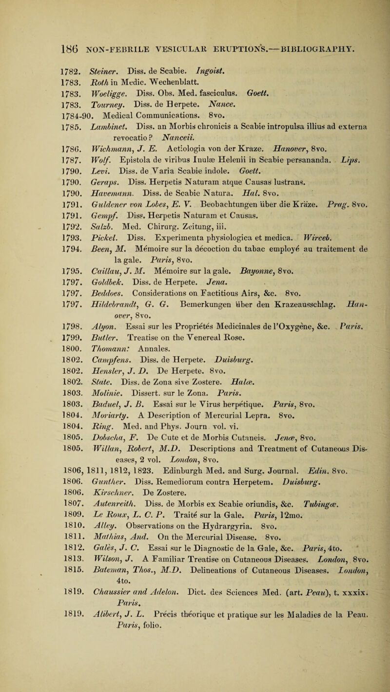 1782. Steiner. Diss. de Scabie. Ingoist. 1783. Roth in Medic. Wechenblatt. 1783. Woeligge. Diss. Obs. Med. fasciculus. Goett. 1783. Tourney. Diss. de Herpete. Nance. 1784-90. Medical Communications. 8vo. 1785. Lamhinet. Diss. an Morbis chronicis a Scabie intropulsa illius ad externa revocatio P Nanceii. 1786. Wichmann, J. E. Aetiologia von der Kraze. Hanover, 8vo. 1787. Wolf. Epistola de viribus Inulae Helenii in Scabie persananda. Lips. 1790. Levi. Diss. de Varia Scabie indole. Goett. 1790. Geraps. Diss. Herpetis Naturam atque Causas lustrans. 1790. Havemann. Diss. de Scabie Natura. Hal. 8vo. 1791. Guldener von Lobes, E. V. Beobac-htungen liber die Kraze. Prag. 8vo. 1791. Gempf. Diss. Herpetis Naturam et Causas. 1792. Salzb. Med. Chirurg. Zeitung, iii. 1793. Picket. Diss. Experimenta physiologica et medica. Wirceb. 1794. Been, M. Memoire sur la decoction du tabac employe au traitement de la gale. Paris, 8vo. 1795. Caillau,J.M. Memoire sur la gale. Bayonne, 8\o. 1797. Goldbek. Diss. de Herpete. Jena. 1797. Beddoes. Considerations on Factitious Airs, &c. 8vo. 1797. Hildebrandt, G. G. Bemerkungen liber den Krazeausschlag. Han¬ over, 8vo. 1798. Alyon. Essai sur les Proprietes Medicinales de l’Oxygene, &c. Paris. 1799. Butler. Treatise on the Venereal Rose. 1800. Thomann: Annales. 1802. Campfens. Diss. de Herpete. Duisburg. 1802. Hensler, J. D. De Herpete. 8vo. 1802. State. Diss. de Zona sive Zostere. Halcc. 1803. Molinie. Dissert, sur le Zona. Paris. 1803. Baduel, J. B. Essai sur le Virus herpetique. Paris, 8vo. 1804. Moriarty. A Description of Mercurial Lepra. 8vo. 1804. Ring. Med. and Phys. Journ vol. vi. 1805. Dobscha, F. De Cute et de Morbis Cutaneis. Jence, 8vo. 1805. Willan, Robert, M.D. Descriptions and Treatment of Cutaneous Dis¬ eases, 2 vol. London, 8vo. 1806, 1811, 1812, 1823. Edinburgh Med. and Surg. Journal. Edin. 8vo. 1806. Gunther. Diss. Remediorum contra Herpetem. Duisburg. 1806. Kirschner. De Zostere. 1807. Autenreith. Diss. de Morbis ex Scabie oriundis, &c. Tubingce. 1809. Le Roux, L. C. P. Traite sur la Gale. Paris, 12mo. 1810. Alley. Observations on the Hydrargyria. 8vo. 1811. Mathias, And. On the Mercurial Disease. 8vo. 1812. Gales, J. C. Essai sur le Diagnostic de la Gale, &c. Paris, 4to. 1813. Wilson, J. A Familiar Treatise on Cutaneous Diseases. London, 8vo. 1815. Bateman, Thos., M.D. Delineations of Cutaneous Diseases. London, 4to. 1819. Chaussier and Adelon. Diet, des Sciences Med. (art. Peau), t. xxxix. Paris. 1819. Alibcrt, J. L. Precis theorique et pratique sur les Maladies de la Peau. Paris, folio.