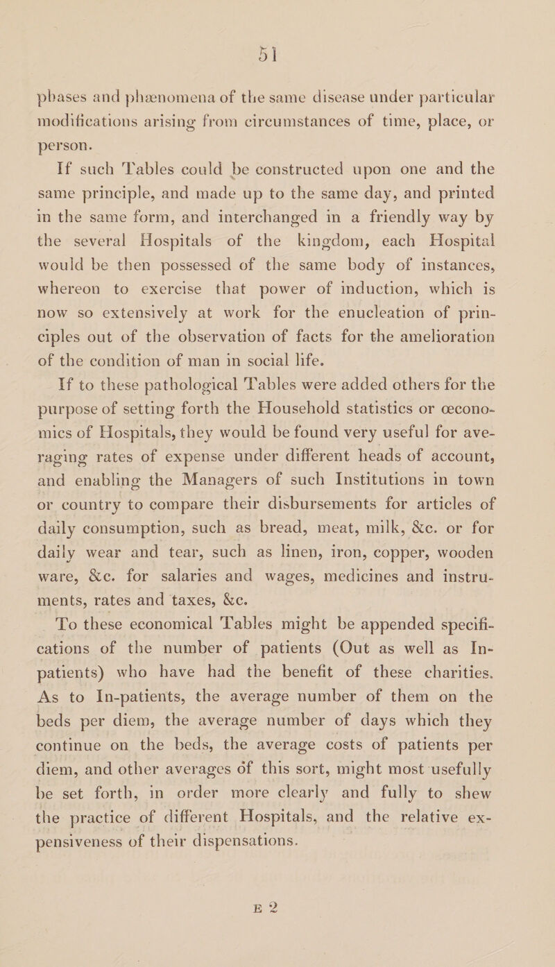 phases and phenomena of the same disease under particular modifications arising from circumstances of time, place, or person. If such Tables could be constructed upon one and the same principle, and made up to the same day, and printed in the same form, and interchanged in a friendly way by the several Hospitals of the kingdom, each Hospital would be then possessed of the same body of instances, whereon to exercise that power of induction, which is now so extensively at work for the enucleation of prin¬ ciples out of the observation of facts for the amelioration of the condition of man in social life. If to these pathological Tables were added others for the purpose of setting forth the Household statistics or (econo¬ mics of Hospitals, they would be found very useful for ave¬ raging rates of expense under different heads of account, and enabling the Managers of such Institutions in town or country to compare their disbursements for articles of daily consumption, such as bread, meat, milk, &c. or for daily wear and tear, such as linen, iron, copper, wooden ware, &c. for salaries and wages, medicines and instru¬ ments, rates and taxes, &c. To these economical Tables might be appended specifi¬ cations of the number of patients (Out as well as In¬ patients) who have had the benefit of these charities. As to In-patients, the average number of them on the beds per diem, the average number of days which they continue on the beds, the average costs of patients per diem, and other averages of this sort, might most usefully be set forth, in order more clearly and fully to shew the practice of different Hospitals, and the relative ex¬ pensiveness of their dispensations.