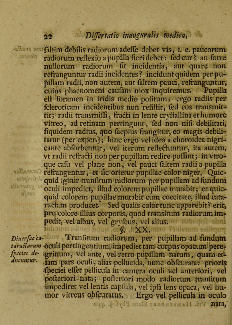 „ *1 ! Diuerjae 'ca- taratfarum fvecies de¬ ducuntur. 24 Differtath inauguratis tnedkcti faltim debilis radiorum adefle debet vis, i. e. paucorum radiorum reflexio a pupilla fieri debet: fed cur ? an forte nullorum radiorum fit incidentia, aut quare non refranguntur radii incidentes ? incidunt quidem per pu¬ pillam radii, non autem, aut faltem pauci, refranguntur, cuius phaenomeni caufam mox inquiremus. Pupilla eft foramen in iridis medio pofitum; ergo radiis per fcleroticam incidentibus non refiftit, fed eos transmit¬ tit; radii transmifli, fradti in lente cryftallina et humore vitreo, ad retinam pertingunt, fed non nifi debilitati, fiquidem radius, quo faepius frangitur, eo magis debili¬ tatur (per exper.); hinc ergo vel ideo a choroidea nigri¬ cante abforbentur, vel iterum refle&untur, ita autem, vt radii refra&i non per pupillam redire poflint; in vtro- que cafu vel plane non, vel pauci faltem radii a pupilla refrangentur, et fic orietur pupillae color niger. Quic- quid igitur tranfitum radiorum per pupillam ad fundum oculi impediet, illud colorem pupillae mutabit; etquic- quid colorem pupillae mutabit cum coecitate, illud cata- radtam producet. Sed qualis color tunc apparebit? erit, pro colore illius corporis, quod transitum radiorum im¬ pedit, vel albus, vel grvfeus, vel alius. XX. Tranfitum radiorum, per pupillam ad fundum oculi pertingentium, impediet tam corpus opacum pere¬ grinum, vel ante, vel retro pupillam natum, quam et¬ iam pars oculi, alias pellucida, nunc obfcurata: prioris fpeciei eflet pellicula in camera oculi vel anteriori, vel pofteriori nata; pofleriori modo radiorum tranfitum impediret vel lentis capfula, vel ipfa lens opaca, vel hu¬ mor vitreus pbfcuratus. Ergo vel pellicula in oculo -tnvJ3 rata,