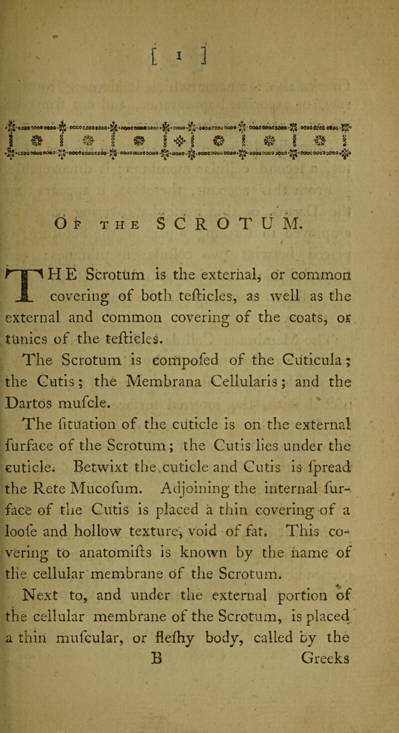 £-cMO*»eeeM‘& eoo0co0o«OM>£j£<MMMMMoo‘jj^-c<]oo’j!*£>e«0«cosoQao» *£ MMOMCOMa'SS iwmiilwjjgi 0 1 m I m i <$•$ 0 i 0 t 0 i £•(000500000*0-J|S'OOOOtO03CO»'^5-000000300000 •J'J.BOOT.0^48000000“OO#0*5^-ea0BOaoS)OO3-KE’«»Ol>3t03e0O*’fij* Of the Scrotum. . * f . - f'g 1HE Scrotum is the external, or common JL covering of both tefticles, as well as the external and common covering of the coats, or tunics of the tefticles. The Scrotum is eompofed of the Ciiticula; the Gutis; the Membrana Cellularis; and the Dartos mufcle. The fituation of the cuticle is on the external furfaee of the Scrotum; the Cutis lies under the cuticle; Betwixt the.cuticle and Cutis is fpread the Rete Mucofum. Adjoining the internal fur- face of the Cutis is placed a thin covering of a loofe and hollow texture* void of fat* This co¬ vering to anatomifts is known by the name of the cellular membrane of the Scrotum. 1 • ^ Next to, and under the external portion of the cellular membrane of the Scrotum, is placed a thin mufcular, or flefhy body, called by the B Greeks