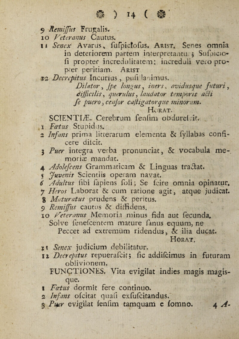 5 Remijfus Frugalis. 10 Veteranus Cautus. 11 Senex Avarus, fufpicfofus. Arist* Senes omnia in deteriorem partem interpreta.itu 5 Snfpicio- il propter incredulitatem; increduli veio pro- p-er peritiam, Arist t-2 Decrepitus Incurias , pufi lanimus. Dilator, jpe longus, iners„ avidus que futuri, difficilis, querulus, laudator temporis acli fe puero y cenjor cajUgatorque minorum. Horat. SCIENTIA. Cerebrum fenfim obdurebit. 1 Foetus Stupidus. 2 Infans prima litterarum elementa & fyllabas confi¬ cere dilcit. $ /W* integra verba pronunciat, & vocabula me¬ moriae mandat. 4 Adolefcens Grammaticam &: Linguas tradat. f Juvenis Scientiis operam navat. 6 Adultus libi fapiens foli; Se (cire omnia opinatur. Heros Laborat & cum ratione agit, atque judicat. 5 Maturatus prudens & peritus. 9 Remijfus cautus & diffidens. 10 Veteranus Memoria minus fida aut fecunda. Solve fenefcentem mature fanus equum, ne Peccet ad extremum ridendus, &: ilia ducat. Horat, %\ Senex judicium debilitatur. 11 Decrepitus repuerafcit; fic addifcimus in futuram oblivionem. FUNCTIONES. Vita evigilat indies magis magis¬ que. 1 Fartus dormit fere continuo. 2 Infans ofcitat quafi exfufcitandus. 3 Puer evigilat fenfim tamquam e fomno. 4 A•