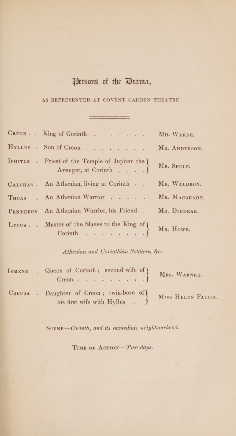 persons of tf)c Drama, AS REPRESENTED AT COVENT GARDEN THEATRE. Creon . . King of Corinth. Mr. Warde. Hyllus . Son of Creon. Mr. Anderson. Iphitus . Priest of the Temple of Jupiter the } Avenger, at Corinth ... . J Mr. Serle. Calchas . An Athenian, living at Corinth . • Mr. Waldron. Thoas An Athenian Warrior .... • Mr. Macready. Pentheus An Athenian Warrior, his Friend • Mr. Diddear. Lycus . . Master of the Slaves to the King Corinth. ofl •j Mr. Howe. Athenian and Corinthian Soldiers, fyc. ISMENE Creusa . Queen of Corinth ; second wife of| Creon.J Daughter of Creon ; twin-born of} his first wife with Hyllus . * J Mrs. Warner. Miss Helen Faucit. Scene—Corinth, and its immediate neighbourhood. Time of Action—Two days.