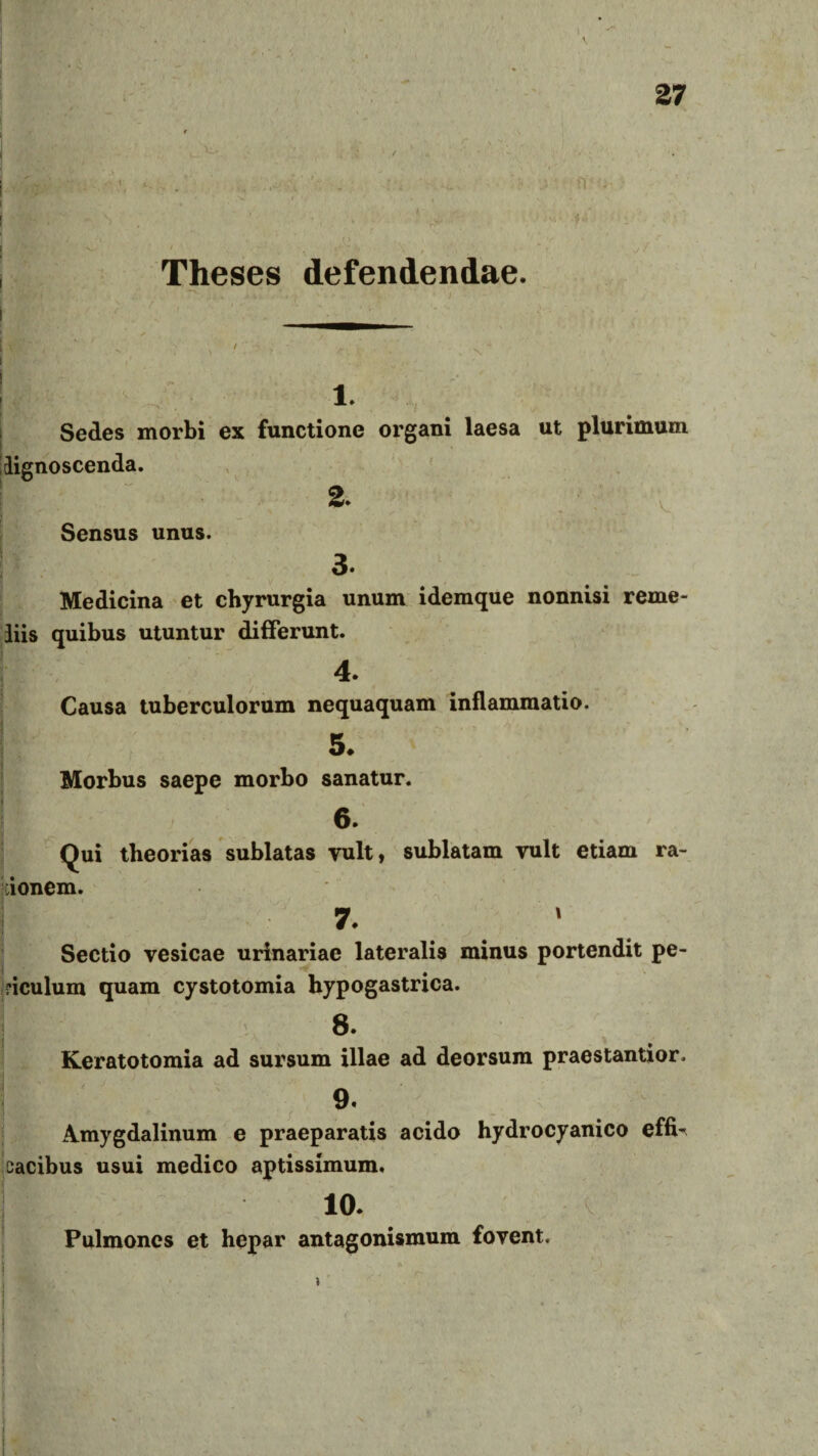 \ r ' Theses defendendae. 1. Sedes morbi ex functione organi laesa ut plurimum dignoscenda. 2. v Sensus unus. 3 Medicina et chyrurgia unum idemque nonnisi reme- liis quibus utuntur differunt. 4. Causa tuberculorum nequaquam inflammatio. 5- Morbus saepe morbo sanatur. 6. Qui theorias sublatas vult, sublatam vult etiam ra¬ sionem. 7. Sectio vesicae urinariae lateralis minus portendit pe¬ riculum quam cystotomia hypogastrica. 8. Keratotomia ad sursum illae ad deorsum praestantior. 9. Amygdalinum e praeparatis acido hydrocyanico effi* Dacibus usui medico aptissimum. 10. Pulmones et hepar antagonismum fovent. j