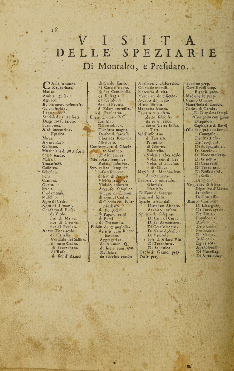 ■ ■ V DEL I E S r T A SPEZIARli Di Montalto, e Prefidato. C Affla in canna. Reobarbaro. Man na. Ambra grifa. • Agarico. Bolo armeno orienta/e. Coloqu inrida. Legno Aloè. Sandali di unte forti. Diagridio fulforato. Scamonea. Aloè fuccotrino. Epatito. Mirra. Am moniaco. Galbano. Mirabolani di tutte.forti. Spico nardo. Maft ci. Tamarindi. Cartolo. ' Sebeften. Sena- Canfora. Oppio. ' ' Macie. - Cardamomo; Muffino. Agro di Cedro- Agro di Limoni. Conferva di Rofe. di Viole, fior-di Malva- fior di Cicoria- fior di Perfida.* Actjua Theriacale. dì CaneKa. • Cordiale dei Saffon. di tutto Cedro.- di Scorzonera, di Rofe. di fiord’Aranci. di Cardo fanto. di Ccrafie negre, di fior Camomilla, di Ettfragia. di Celidonia, fiori di Peonia, di Edera terrefbc. * » di Pcrficaria- , E lett- Diatart- P. C. Lenitivo. Diacattolicon. Triphera magna. Diafcord. fracafl. Theriaca Romana. Mitridato. Confeizio;ie di Giacin¬ ti** ■ to biancco d: Alciieimes- Miei rofato femplice. Rofato follitivo. rofato femplice. rofsta folti tivù, di fi-&gt;r di Perfic» Violatip feqHfrce. Violato colorato Acetofo femplice. di agro di Limoni, di agro di Cedro. • diCicoriaconR-he- obàrbafoi * * di Polipòdio.. . di Papav. errar• di Pomi di Diamoron. Pillole de Cinoglofia. de trib .cura R heo- barbaro. . Aggregative, de Ammon. Q_ de Riera cum agau Mafiicine. àc fucciuo craton- Syr. Antimonio diaforetico. Croco de metalli. Mercurio di vita. Mercurio dolcificato. Arcano duplicato Nitro rtibiato. Magnefia bianca. Tartaro vitriolato. .detto folubile. ’ de^to emetico. &lt; detto Terra foliat. T art. Sai d’ affenzio. di Tart aro. Prunello. di coturno. , PolìcrelVo. ✓ Volatile theriacale. Voiat. cor. di Cer. Volat. di Succino. - di*Giove. Magi fi- di Mechiochan. di Serial a ppa- Bezoartico minerale. Gioviale. Martiale- Balfawo di Saturno. Butiro di f»ifO- Sperie triafai dali. Diaradan Abbate. Aromat. rofato Spirito di foiigi'ne. Di Cor. di Cervo . Di Sa! Armoniaco • Succino prep. Coralli roffi prep. ^ Bianchi ptep. , - .-MadriperTC prep. Cranio Umano. Mandibola di Luccio. Cerino di.Cerufa . .Di Diapalinafempf. 'Comporto con góme D iaqurlon . Capitale,* di Retto Olio di hipericon fempf.» Comporto . Del Mattiolo • Di Ceiafe negre Di Nitro dolcific • Di Vetriolo . i Spir d- Al tool Vini Di Terebinto. Di Sai dolce . Oechidi Grand prep. Perle prep- De corpionì - Della Spagniola. » Di Succino . Di Noce mofeasa. Di Ginepro . Di Cera reti fi. DiTerebnto. Di Buffo deftil. Di Saffo . . Di Spico •' Vnguento di Alrca. Digerivo diGLeìt- Sandalino . Di Conteffa. Bianco Canforato . Di Litargino.. De ‘ ttcc. ape rio. . De Tutia . Populeon • Rafirro. «• . De Piombo. Pro Scabie . Di Miuio . Bifilico i . Egiziiao*. Apaftolorum. , Di Muccilag. • Di Altea coarp- a