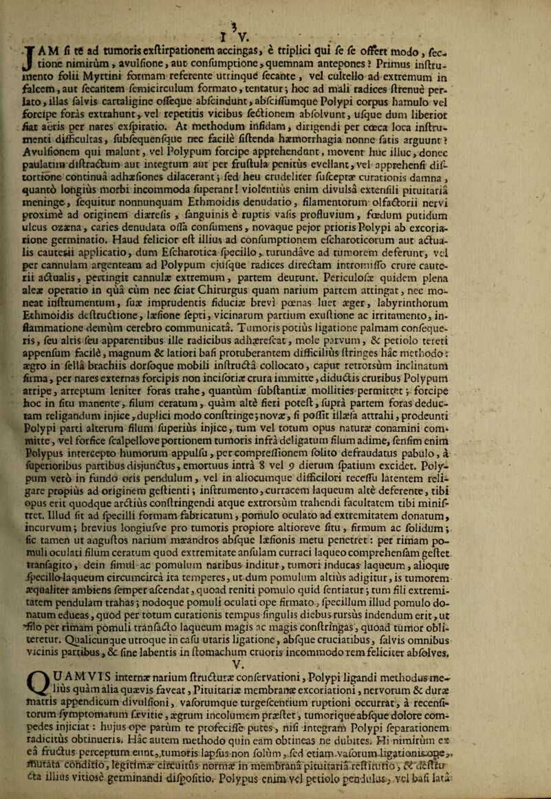 I V. • t •; ' JAM fi te ad tumoris exftirpationem accingas, e triplici qui Te Te offtrt modo, Tec¬ tione nimirum, avulfione, aut confumptione,quemnam antepones? Primus inftru- mento folii Myrtini formam referente utrinquC fecante , vel cultello ad extremum in falcem, aut fecarttem femicirculum formato, tentatur •, hoc ad mali radices ftrenue per¬ lato, illas falvis cartaligine ofleque abfcindunt, abfciflumque Polypi corpus hamulo vel forcipe foras extrahunt, vel repetitis vicibus fedlionem abfolvunt, ufque dum liberior fiat aeris per nares exfpiratio. At methodum infidam, dirigendi per casca, loca inftru- menri difficultas, fubfequenfque nec facile fiftenda haemorrhagia nonne fatis arguunt? Avulfionem qui malunt, vel Polypum forcipe apprehendant, movent huc illuc, donec paulatim diftra&um aut integrum aut per fruftula penitus evellant,vel npprehenfi dif- tortione continua adhaefiones dilaceranti fed heu crudeliter fufceptae curationis damna , quanto longius morbi incommoda fuperanr 1 violentius enim divulsa extenfili pituitaria meninge, fequitur nonnunquam Erhmoidis denudatio, filamentorum olfa&orii nervi proxime ad originem diacrefis , fanguinis d ruptis vafis profluvium, foedum putidum ulcus ozacna, caries denudata ofla conlumens, novaque pejor prioris Polypi ab excoria- rione germinatio. Haud felicior eft illius ad confumptionem efcharoticorum aut adiua- lis cauterii applicatio, dum Efcharotica fpecillo,. turundave ad tumorem deferunt, vel per cannulam argenteam ad Polypum ejufque radices diredlam intromiflo crure caute¬ rii adtualis, pertingit cannulae extremum, partem deurunt. Periculofce quidem plena aleae operatio in qua cum nec fciatChirurgus quam narium partem attingat, nec mo¬ neat inftrumentum, fuae imprudentis fiduciae brevi poenas luet aeger, labyrinthorum Ethmoidis dcftru&ione, laefione fepti, vicinarum partium exuftione ac irritamento, in¬ flammatione demum cerebro communicata. Tumoris potius ligatione palmam confeque- ris, feu altis feu apparentibus ille radicibus adhaerefcat, mole parvum, & petiolo tereti appenfum facild, magnum & latiori bafi protuberantem difficilius ftringes hac methodo; aegro in fella brachiis dorfoque mobili inftrudM collocato, caput retrorsum inclinatum firma, per nares externas forcipis non inciforiae crura immitte, didudis cruribus Polypum arripe, arreptum leniter foras trahe, quantum fubftantia: mollities permittet, forcipe hoc in fitu manente, filum ceratum, quam alte fieti poteft,fupra partem foras deduc¬ tam religandum injice,duplici modo conftringe;novae, fi poflit illaela attrahi, prodeunti Polypi parti alterum filum fuperius injice, tum vel totum opus naturae conamini com* mitte, vel forfice fcalpellove portionem tunioris infra deligatum filum adime, fenfim enim Polypus intercepto humorum appulfu, per compreffionem folito defraudatus pabulo, a fuperioribus partibus disjunctus, emortuus intra 8 vel 9 dierum fpatium excidet. Poly¬ pum veto in fundo oris pendulum, vel in aliocumque difficilori receflii latentem reli¬ gare propius ad originem geftienti; inftrunaento, curracem laqueum alte deferente, tibi opus erit quodque ardius conftringendi atque extrorsum trahendi facultatem tibi minifi tret. Illud fit ad fpecilli formam fabricatum, pomulo oculato ad extremitatem donatum, incurvum i brevius longiufve pro tumoris propiore altioreve fitu, firmum ac folidum; fic tamen ut anguflos narium maeandros abfque laefionis metu penetret: per rimam po- muli oculati filum ceratum quod extremitate anfulam curraci laqueo comprehenfam geftet tranfagito, dein fimtfl ac pomulum naribus inditur, tumori inducas laqueum, alioque fpecillo laqueum circumcirca ita temperes, ut dum pomulum altius adigitur , is tumorem aequaliter ambiens femper afeendat, quoad reniti pomulo quid fentiatur; tum fili extremi¬ tatem pendulam trahas; nodoque pomuli oculati ope firmato, fpeeillum illud pomulo do¬ natum edueas ,quod per totum curationis tempus lingulis diebus rursus indendum erit,ut •‘filo per rimam pomuli tranfado laqueum magis ac magis conftringas , quoad tumor obii- teretur. Qualicunque utroque in cafu utaris ligatione, abfque cruciatibus, falvis omnibus vicinis panibus , & fine labentis in flomachum cruoris incommodo rem feliciter abfolves. V. , QUAMVIS internae narium flrudurae confervationi, Polypi ligandi methodus me-^ lius quam alia quaevis faveat, Pituitariae membranae excoriationi, nervorum & durae fnatris appendicum divulfioni, vaforumque turgefeentium ruptioni occurrat , a recenfi- torum fymptomatum fievitie, aegrum incolumem praeftet, tumorique abfque dolore com¬ pedes injiciat: hujus ope pariun te profecifle putes, nifi integram Polypi feparationem radicitus obtinueris. Hac autem methodo quin eam obtineas ne dubites; Hi nimirum ex ea frudlus perceptum.eunt.,,tumoris lapfus non folum, fed etiam-vaforum ligationi£-ope3. rtilitata conditio, legitimae circuitus normae in membrana pituitaria refliturio , ^'defliu tia illius vitiose, germinandi difpofitio. Polypus enim vel petiolo pendulusvel bafi lata: