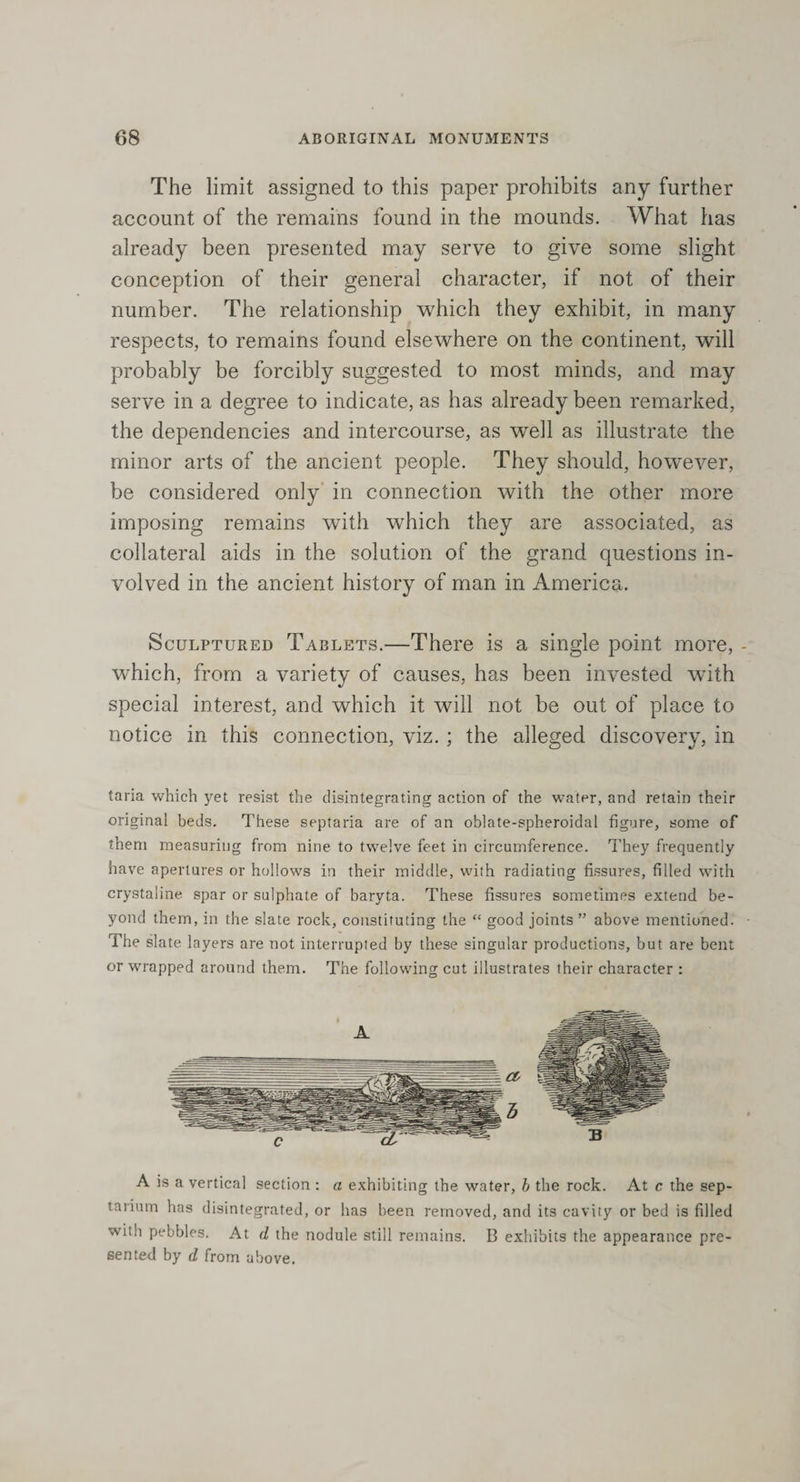 The limit assigned to this paper prohibits any further account of the remains found in the mounds. What has already been presented may serve to give some slight conception of their general character, if not of their number. The relationship which they exhibit, in many respects, to remains found elsewhere on the continent, will probably be forcibly suggested to most minds, and may serve in a degree to indicate, as has already been remarked, the dependencies and intercourse, as well as illustrate the minor arts of the ancient people. They should, however, be considered only in connection with the other more imposing remains with which they are associated, as collateral aids in the solution of the grand questions in¬ volved in the ancient history of man in America. Sculptured Tablets.—There is a single point more, - w^hich, from a variety of causes, has been invested with special interest, and which it will not be out of place to notice in this connection, viz.; the alleged discovery, in tana which yet resist the disintegrating action of the water, and retain their original beds. These septaria are of an oblate-spheroidal figure, some of them measuring from nine to twelve feet in circumference. They frequently have apertures or hollows in their middle, with radiating fissures, filled with crystaline spar or sulphate of baryta. These fissures sometimes extend be¬ yond them, in the slate rock, constituting the “ good joints ” above mentioned. The slate layers are not interrupted by these singular productions, but are bent or wrapped around them. The following cut illustrates their character : A is a vertical section : a exhibiting the water, b the rock. At c the sep- tarium has disintegrated, or has been removed, and its cavity or bed is filled with pebbles. At d the nodule still remains. B exhibits the appearance pre¬ sented by d from above.