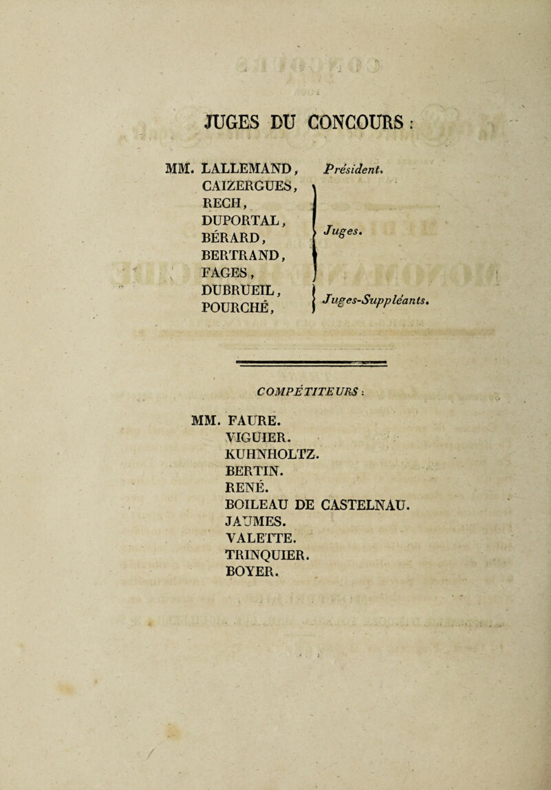 JUGES DU CONCOURS : MM. LALLEMAND CAIZERGUES REGH, DUPORTAL, BÉRARD, BERTRAND, FAGES, DUBRÜEIL, POURGHÉ, Président, Juges. | Juges-Suppléants, COMPÉTITEURS i MM. FAURE. VIGUIER. KUHNHOLTZ. BERTIN. RENÉ. BOILEAU DE CASTELNAU. JAÜMES. VALETTE. TRINQUIER. BOYER.