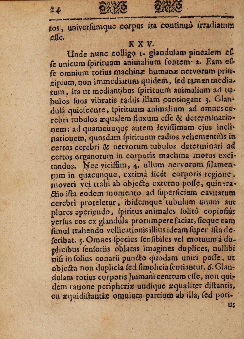 a*»***— fos, univerfumquc corpus ira. continua irradiatum die. XXV. Unde nunc colligo i. glandulam pinealem ef- fe unicum fpirituum animalium fontem1 *• Eam efi. fc omnium totius tnacbt0£ hymana: nervorum pria- eipium, ijon immediatum quidem, fed tamen media? tam, ira ut mediantibus fpirituum atjimalium ad tu¬ bulos fuos vibratis radiis illam contingant j. Glan¬ di^ quiefcente, ipirituum animalium ad omnes ce¬ rebri tubulos atqualcm fluxum die & determinatio» pem; ad quamcimque autem leviflimam ejus incli¬ nationem, quosdam fpirituum radios vehementius in certos cerebri & nervorum tubulos determinari ad eertog organorum in corporis machina motus exci¬ tandos. Ifecviciffim, 4. ullum nervorum filamen¬ tum in quacunque, extimi licet corporis regione, moveri vel uabi ab objerito externo polle, quin tra¬ cto ifta eodem momento ad fuperficiem cavitatum cerebri proteletur, ibidemque tubulum unum aut plurcs aperiendo, fpiritus animales folitd copiofius yerfus eos ex glandula prorumpere faciat, ficque eam fimul trahendo vellicationis illius ideam fuper ifta de* fcribat. 5. Omnes fpecies fcnfibiles vel motuum a du¬ plicibus fenforiis oblatas imagines duplices, nullibi pifi infolius conarii pundo quodam uniri pofle, ut obje&a non duplicia fed fimplicia fentiancun 6. Glan¬ dulam corius corporis humani centrum effe, non qui? dem ratione peripherise undique ^qualiter djftantis, eu aequidjftanti» omnium partium ab illa, fed poti¬ us