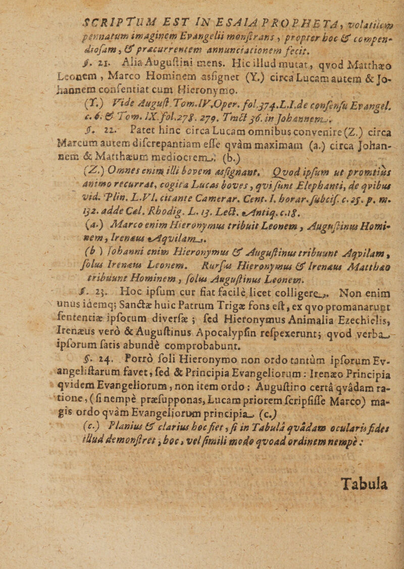 SCRIPTUM EST IN ESA1A P ROP HETA, volatilem pennatum imaginem Evangelii monfirans , propter hoc &amp; campen- diofam 5 &amp; procurrentem annuntiationem fecit. /• ii. Alia Augufimi mens. Hic illud mutat, qvod Matthseo Leonem , Marco Hominem asfignet (Y.) circa Lucam autem &amp;Jo- Laonem confentiat; cum Hieronymo. (T) Vide duguft TomJVOper* folyyq.L.Lde cpnfinfu Evangd, *% 6; &amp; Tom» lX.fd.2pg. 279, Tmet 36. in Jobdnnem^r 22* Patet hinc circa Lucam omnibus convenire (Z.) circa Marcum autem diferepantiam effe qvam maximam (a.) circa Johan- nem Matthaeum mediocrenu; (b.) (Z.yOtmesbovemasfignant, Qvodjpfum utpromtms animo recurrat, cogita Lucos boves, qvifunt Elephanti, de qvibus vidi Vim* L,VL citante Camerar. Cent. I borar.ficbtif. c, tj. p. m. 132, adde C*L Rbodig* L. 13, LeB. ^Antiq* cag. (a*) Mare &amp; enim Hieronymus tribuit Leonem, Augujlirm Horni* nem, Irenases tAqvilamy* (b ) ! oh anni enim Hieronymus (V Auguftinus tribuunt Aqvilam , filus Irenam Leonem. Rurfits Hieronymus &amp; Irenaus Aiatthao tribuunt Hominem f [olus Auguftinus Leonem. /. 23.. Hoc ipfmn cur fiat facile licet colligero» Non enim unus i&amp;emq, Sanwlae huic Patrum Trigas fons eit&gt;ex qvoptomanarunt fententiae ipforum diverfa; 5 fcd Hieronymus Animalia Ezechlelis, Irenaelis vero 6c Augufiinus Apocalypfin refpexeruntj qvod verba-» ipforum fatis abunde comprobabunt. H’ Porro foli Hieronymo non ordo tantum ipforum Ev- angelifiarum favet, fed &amp; Principia Evangeliorum: Irenaso Principia qvidem Evangeliorum, non item ordo: Auguftino certa qvadam ra¬ tione, (fi nempe praenipponas, Lucam priorem fcripfifTe Marco) ma* gis ordo qvam Evangeliorimi principia^ (c.) (c.) Planius IA clarius hoc fiet, fi in Tabula qvadam ocularis fides iUuddemonfiret &gt; hoc»velfimili medo qvoad ordinem nempe : Tabula