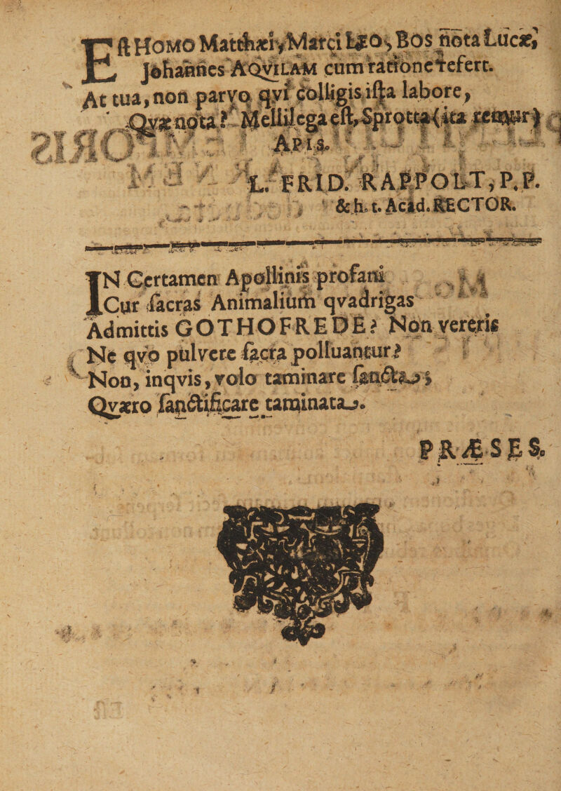 ft Homo MattlwtrfMat^i Bos nota Lucje» JohannesAQviLAM cum rarioncteferc. *sty %££&amp;. 11° _i _ - /i. ^ 1 jm. I*. m *3f 4 s i &gt;|1 FIIV- v ~ j.,1, ,' ,• «MT ,i I *' v* v J\F 4rf # r i 4? «•»* trFRtDf RAt?0IiT,P,^. F &amp;ht. Acld. RECTOR. V s «** fT •* -»*v' * 5 .,. ms * , ,, ? H IN Certamen Cur ifecras Animali&amp;i&amp;' Admittis GOTHOFREDE? Non vereris Ne qvo pulvere facra polluantur | Non, inqvis,rolo taminarc | ~ ^ ^ tarainataj.