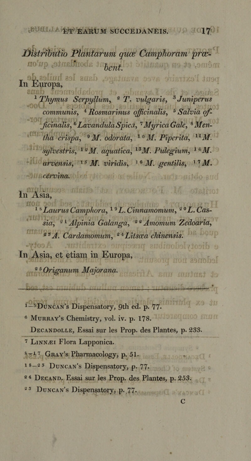 tfrUaidA EAUtJM SUCCEDANEIS. i •!017.&gt; off lyistrfbuiw Plantarum quce Camphoram prce- hent. ' ■ no'x;p ,ai/u ^ i/fj^ 231 e:fii In iLuropa, 'CiU:' i. ^Thymus Serpyllum^ ^ T. vulgaris^ ^Juniperus -OCit.. 2 / f ^ communlsy ^Rosmarinus officinalisy ^Salvia of- -loq -t -Jlcirialis,^LavandtdaSpica, MyricaGale, ^Men- ilia crispa, ^ M. odorata, Piperita, 'sylvestris, aquatica, Pulegium, ^■l^^^^arvensis, M, viridis, M. gentilis, -V Ucervina, oj r ITGii voii i'*,!'. ' ; t , ^ ' ^ ^LaurusCamphora, Cinnamomum, ® Cas- ' sia, - ^ Alpinia Galanga, ^ * Amomum Zedoaria, cm*i ’ j'' ' • . ^^ A. Cardamomum, ^ Litscea cliinensis, t •'t-. In Asia, et etiam in Europa, f 2 5 Origanum Major ana. i,.,.---- y~‘y - - • ^ i—5Duncan’s Dispensatory, pth ed. p. 77* ® Murray’s Chemistry, vol. iv. p. 178. Decandolle, Essai sur les Prop. des Plantes, p. 233. ■7 Linn-(Ei Flora Lapponica. 1,74'7 Gray’s Pharmacology, p. 51. 18—2 3 Duncan’s Dispensatory, p. 77. 2 ^ Decand. Essai sur les Prop. des Plantes, p. 2.53. Duncan’s Dispensatory, p. .77* ^ C