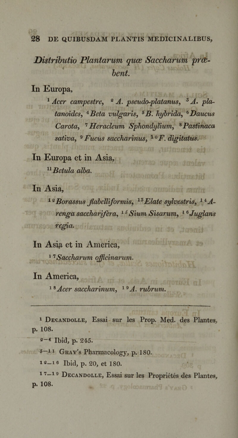 Distributio Plantarum quce Saccharum hent. In Europa, ^ Acer campestre, ® A. pseudo-platanus, ^ A. pla- tanoides, ^Beta vulgaris, hyhrida, ^Daucus Carota, ^Heracleum SpJiondylium, ^Pastinaca sativa, ^ Fucus saccharinus, ^ ^ F. digitatus. In Europa et in Asia, Betula alba. In Asia, ^^Borassus Jlahelliformis, Elate sylvestris, ^^A- renga saccharifera, ^ ^ Sium Sisarum, Juglans . regia. In Asip, et in America, Saccharum ojfficinarum. In America, ^ ^ Acer saccharinum, ^^A. rubrum. 1 Decandolle, Essai- sur les Prop. Med. des Plantes, p. 108. Ibid, p. 245. Gray’s Pharmacology, p. 180. 12—16 Ibid, p. 20, et 180. 17—19 Decandolle, Essai sur les Proprietes des Plantes, p. 108.