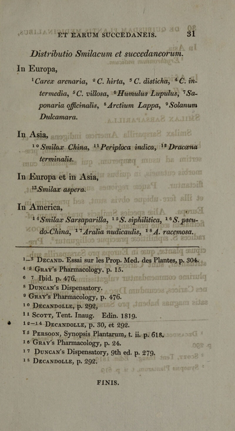 ,y jBi i:J.P .tfC SI ijl Distributio Smilacum et succedaneorum. In Europa, ^ Carex arenaria, ^ C. hirta, ^ C. disticha, ^ C. in-^ ter media, ^C. villosa, ^Humulus Lupulus, '^Sor- ponaria qfficinalis, ^Arctium Lappa, ^Solanum Dulcamara. In Asia, Smilax China, ^^Periploca indica, Dracoena terminalis. * In Europa et in Asia, Smilax aspera. In America, f ^ ^Smilax Sarsaparilla, ' ^S. siphilitica, ^ ^S.pseit- do-China, Aralia nnAicaulis, ^ A. racemosa, “ - -- Decand. Essai sur les Prop. Med, des Plantes, p. 304. ^ ® Gray* *s Pharmacology, p. 15. ® Ibid. p. 476. ^ * Duncan’s Dispensatory. ® Gray’s Pharmacology, p. 476. 10 Decandolle, p. 292, ScoTT, Tent. Inaug. Edin. 1819. 12-14 Decandolle, p. 30, et 292. Persoon, Synopsis Plantarum, t. ii. p. 6I8. 16 Gray’s Pharmacology, p. 24. 1 Puncan’s Dispensatory, 9th ed. p. 279. 1 s Decandolle, p. 292. FINIS.