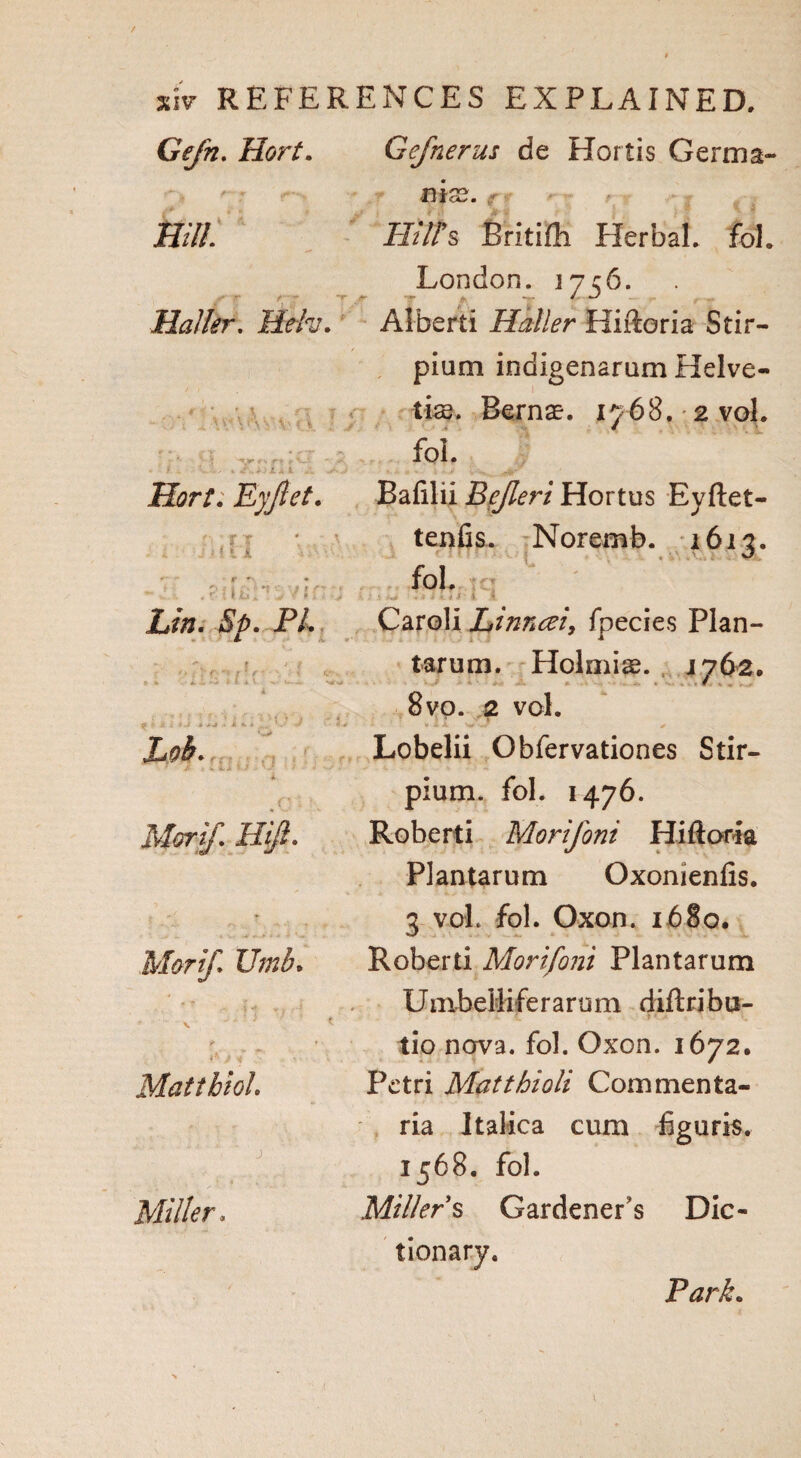 Gefrt. Hort. Gefnerus de Herds Germa¬ nic. Bill Hills Britifh Herbal. fol. London. 1756. Mailer. Helv. Alberti Haller Hirtoria Stir— pium indigenarum Helve¬ tic. Berne. 1768. 2 vol. fol. Hort; Eyjlet. Bafilii Bejleri Hortus Eyftet- tenfis. Noremb. 1613. fol. , r : I is „ • * v .• Aft t i a *. 11 i * Lin. Sp. PL Caroli Linncei, fpecies Plan- tarum. Holmiae. 1762. 8vo. 2 vol. Lob. Lobelii Obfervationes Stir- pium. fol. 1476. Morif. Hijl. Roberti Morifoni Hiftoria Plantarum Oxonienfis. 3 vol. fol. Oxon. 1680. Morif. Umb. Roberti Morifoni Plantarum Umbellifer arum diftribu- tio nova. fol. Oxon. 1672. MattbioL Petri Mattbioli Com men ta- ria Italica cum figuris. 1568. fol. Miller. Millers Gardener's Dic¬ tionary. Park.