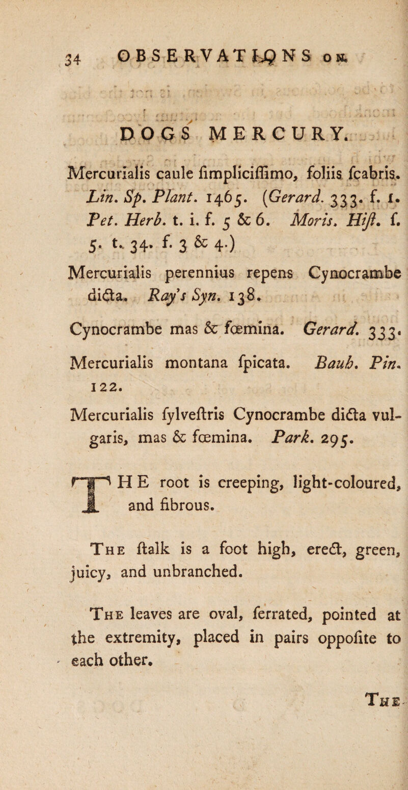 DOGS MERCURY. Mercurialis caule fimpliciffimo, foliis fcabris. Lin. Sp. Plant. 1465. (Gerard. 333. f. I. Pet. t. i. f. 5 & 6. Moris, Hijl. f. 5, t* 34, f. 3 & 4.) Mercurialis perennius repens Cynocrambe di£ta. Rays Syn. 138. Cynocrambe mas & fcemina. Gerard. 333. Mercurialis montana fpicata. Bauh. Pin. 122. Mercurialis fylveftris Cynocrambe didta vul¬ garis, mas & fcemina. P^ri. 295. rip H E root is creeping, light-coloured, 1 and fibrous. The ftalk is a foot high, eredl, green, juicy, and unbranched. The leaves are oval, ferrated, pointed at the extremity, placed in pairs oppofite to * each other. The-