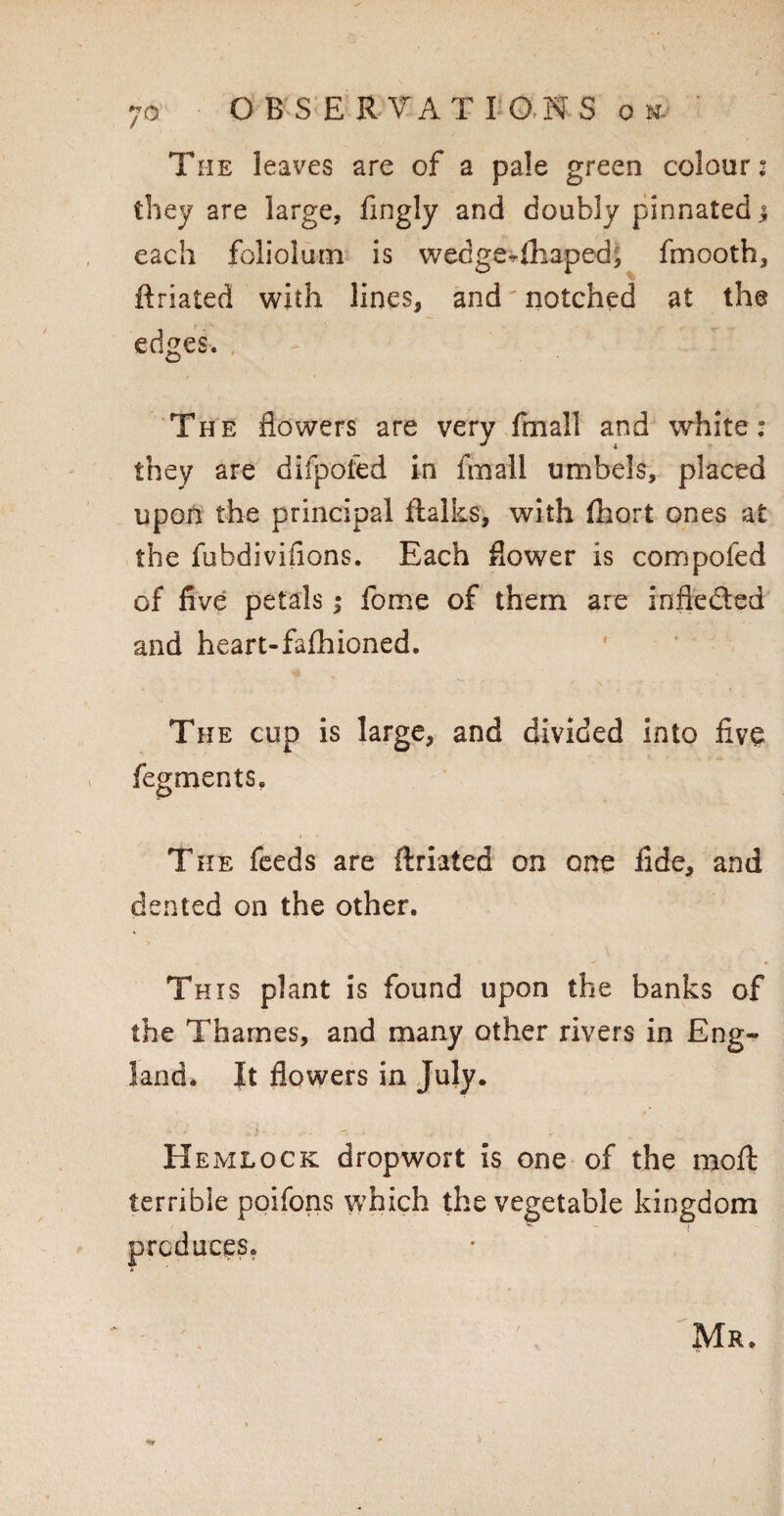 The leaves are of a pale green colour: they are large, fingly and doubly pinnated j each foliolum is wecge-lhaped, fmooth, ftriated with lines, and' notched at the edges. The flowers are very fmall and white: they are difpofed in fmall umbels, placed upon the principal ftalks, with ftiort ones at the fubdivifions. Each flower is compofed of five petals; fome of them are iriflecfted and heart-fafhioned. The cup is large, and divided into five fegments. The feeds are ftriated on one fide, and dented on the other. Th is plant is found upon the banks of the Thames, and many other rivers in Eng¬ land. It flowers in July. Hemlock dropwort is one of the moft terrible poifons which the vegetable kingdom produces. Mr.