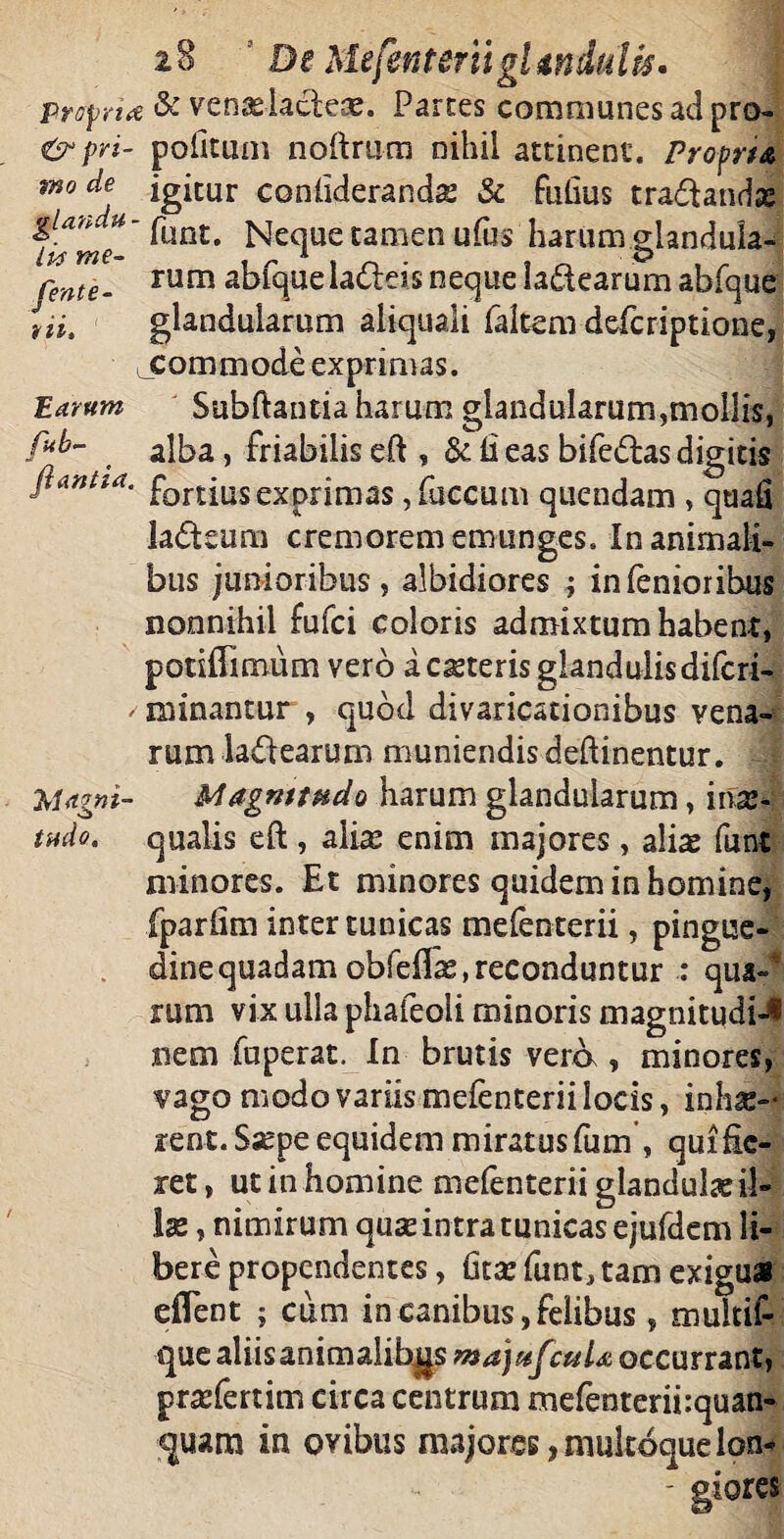 Propria & venasladeae. Partes communes ad pro- &pn- politum noftrum nihil attinent. Proprt& ^ igitur conliderands & fufius tradandas mo Magni tudo. Neque tamen ufus harum gdandula- me- u^in- lo ^ 1 r fentgm rum ablqueladeis neque iadearum abfque Ui, glandularum aliquali faltem defcriptione, ^commode exprimas. Earum Subftantia harum glandularum,mollis, fub~ alba ? friabilis eft , & fi eas bifedas digitis flantia. fort jus exprimas, faecum quendam , quafi ladeum cremorem emunges. Inanimali¬ bus junioribus, albidiores ; infenioribus nonnihil fufci coloris admixtum habent, potiffimum vero a csteris glandulis difcri- / minantur , quod divaricationibus vena¬ rum Iadearum muniendis deftinentur. -{ Magnttndo harum glandularum, inae¬ qualis eft, albe enim majores, alis funt minores. Et minores quidem in homine, fparfim inter tunicas mefenterii, pingue¬ dine quadam obfefls, reconduntur : qua-5 rum vix ulla phafeoli minoris magnitudi-* nem fuperat. In brutis vera , minores, vago modo variis mefenterii locis, inhae¬ rent. Ssepe equidem miratus fum , qui fie¬ ret , ut in homine mefenterii glandulae il¬ lae , nimirum quae intra tunicas ejufdem li¬ bere propendentes, fitae funt, tam exiguai dTent ; cum in canibus,felibus, muitif- que aliisanimalihgs ma)ufcuU occurrant, praefertim circa centrum mefenteriiiquan- quam in ovibus majores,mukbqueIon- - glores