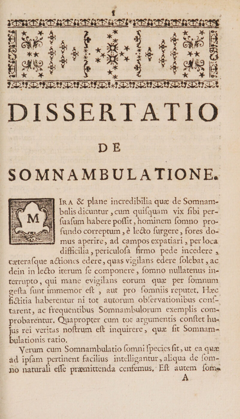 \ • i? gaaajaajaa^w^t DISSERTATIO D E 4 SOMN AMBULATIONE. Ira 8c plane incredibilia qua: de Somnam- bulis dicuntur, cum quifquam vix fibi per- fuafum habere poffit, hominem fomno pro¬ fundo correptum , e lecto furgere, fores do¬ mus aperire, ad campos expatiari,per loca difficilia, periculofa firmo pede incedere * caeterafque a&iones edere, quas vigilans edere folebat,ac dein in ledfco iterum fe componere, fomno nullatenus in¬ terrupto, qui mane evigilans eorum quae per fomnum gefta funt immemor effc , aut pro fomniis reputet. Haec fidtitia haberentur ni tot autorum obfervationibus conf- tarent, ac frequentibus Somnambulorum exemplis com¬ probarentur. Quapropter cum tot argumentis confiet hu¬ jus rei veritas noftrum eft inquirere, quae fit Somnam- bulationis ratio. Yerum cum Somnambulatio fomnifpecicsfit,ut ea quae ad ipfam pertinent facilius intelligantur, aliqua de fom- no naturali effe praemittenda cenfemus. Eft autem fom«* A