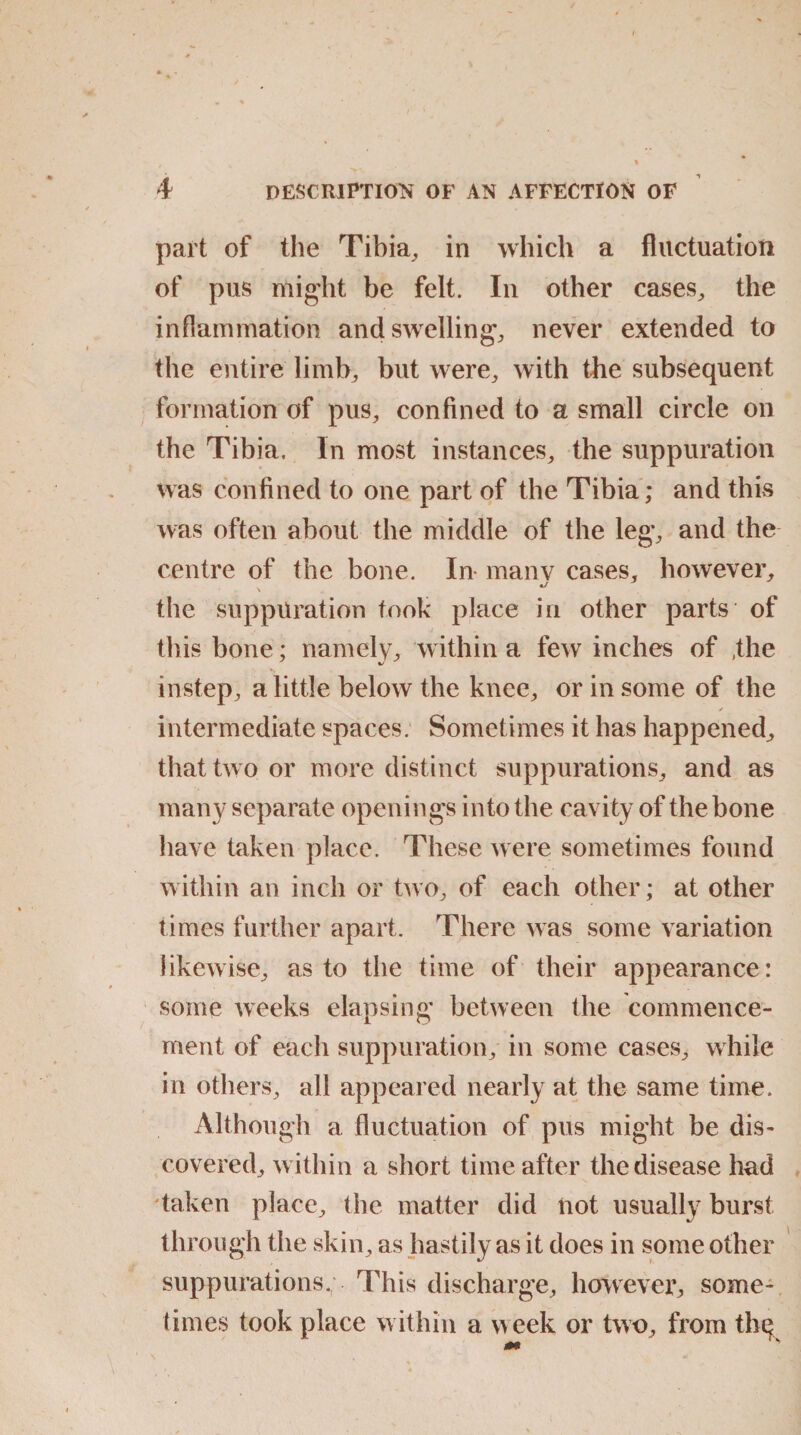 part of the Tibia, in which a fluctuation of pus might be felt. In other cases, the inflammation and swelling, never extended to the entire limb, but were, with the subsequent formation of pus, confined to a small circle on the Tibia. In most instances, the suppuration was confined to one part of the Tibia; and this was often about the middle of the leg, and the centre of the bone. In- manv cases, however, the suppuration took place in other parts of this bone; namely, within a few inches of ,the instep, a little below the knee, or in some of the ✓ intermediate spaces. Sometimes it has happened, that two or more distinct suppurations, and as many separate openings into the cavi ty of the bone have taken place. These were sometimes found within an inch or two, of each other; at other times further apart. There was some variation likewise, as to the time of their appearance: some weeks elapsing between the commence¬ ment of each suppuration, in some cases, while in others, all appeared nearly at the same time. Although a fluctuation of pus might be dis¬ covered, within a short time after the disease had 'taken place, the matter did not usually burst through the skin, as hastily as it does in some other suppurations, This discharge, however, some¬ times took place within a week or two, from thq