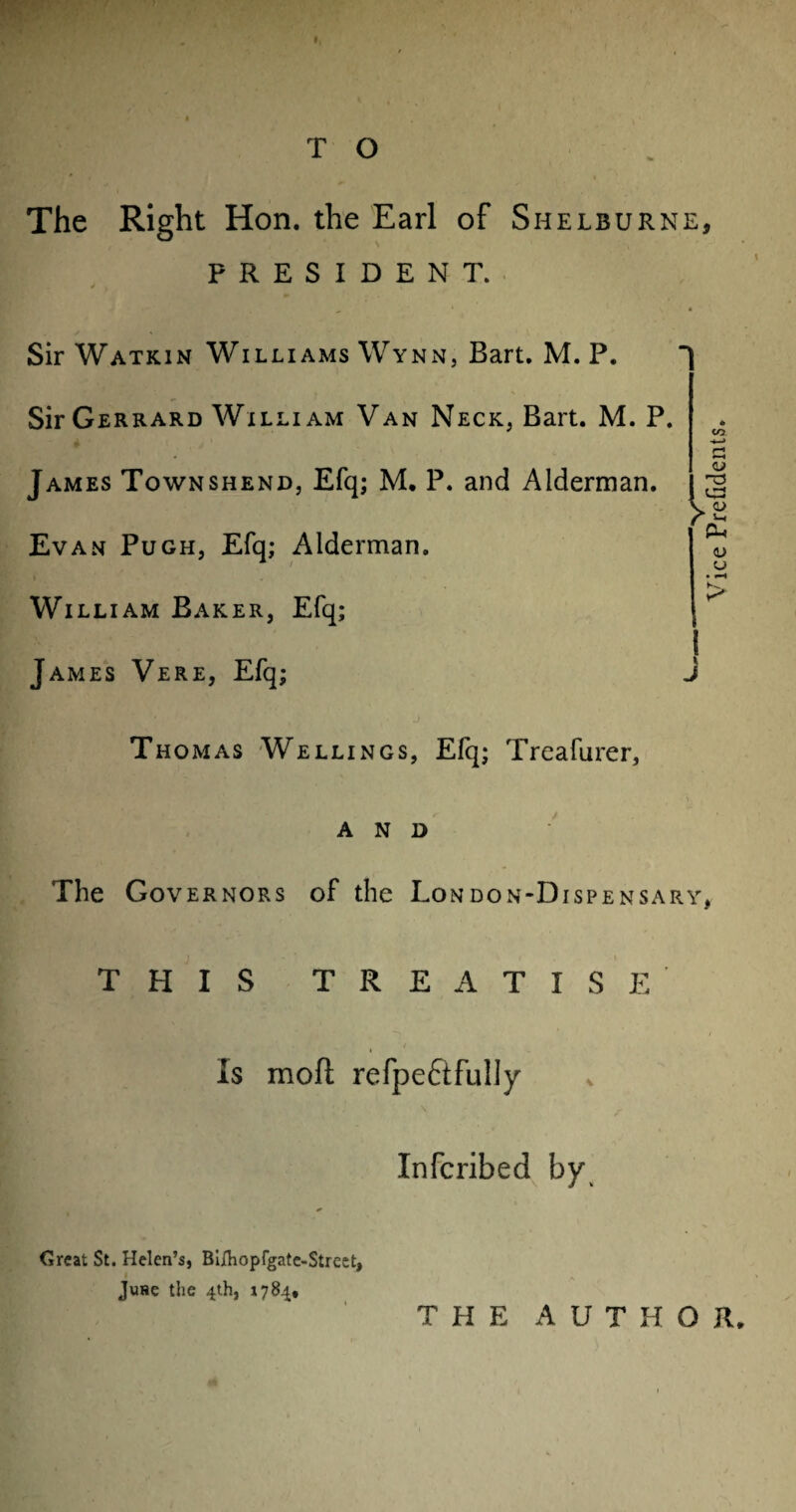 I T O The Right Hon. the Earl of Shelburne, PRESIDENT. > Sir Watkin Williams Wynn, Bart. M. P. Sir Gerrard Willi am Van Neck, Bart. M. P. James Townshend, Efq; M. P. and Alderman. Evan Pugh, Efq; Alderman. William Baker, Efq; I James Vere, Efq; J Thomas Wellings, Efq; Treafurer, • y, , AND The Governors of the London-Dispensary, THIS TREATISE is moil refpe&fully Infcribed by Great St. Helen’s, Bi/hopfgate-Street, June the 4th, 1784, THE AUTHOR. Vice Prefidents.