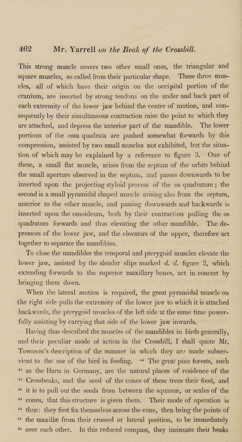 This strong muscle covers two other small ones, the triangular and square muscles, so called from their particular shape. These three mus¬ cles, all of which have their origin on the occipital portion of the cranium, are inserted by strong tendons on the under and back part of each extremity of the lower jaw behind the centre of motion, and con¬ sequently by their simultaneous contraction raise the point to which they are attached, and depress the anterior part of the mandible. The lower portions of the ossa quadrata are pushed somewhat forwards by this compression, assisted by two small muscles not exhibited, but the situa¬ tion of which may be explained by a reference to figure 3. One of these, a small flat muscle, arises from the septum of the orbits behind the small aperture observed in the septum, and passes downwards to be inserted upon the projecting styloid process of the os quadratum; the second is a small pyramidal shaped muscle arising also from the septum, anterior to the other muscle, and passing downwards and backwards is inserted upon the omoideum, both by their contraction pulling the os quadratum forwards and thus elevating the other mandible. The de¬ pressors of the lower jaw, and the elevators of the upper, therefore act together to separate the mandibles. To close the mandibles the temporal and pterygoid muscles elevate the lower jaw, assisted by the slender slips marked d. d. figure 2, which extending forwards to the superior maxillary bones, act in concert by bringing them down. When the lateral motion is required, the great pyramidal muscle on the right side pulls the extremity of the lower jaw to which it is attached backwards, the pterygoid muscles of the left side at the same time power¬ fully assisting by carrying that side of the lower jaw inwards. Having thus described the muscles of the mandibles in birds generally, and their peculiar mode of action in the Crossbill, I shall quote Mr. Townson’s description of the manner in which they are made subser¬ vient to the use of the bird in feeding. “ The great pine forests, such “ as the Hartz in Germany, are the natural places of residence of the “ Crossbeaks, and the seed of the cones of these trees their food, and “ it is to pull out the seeds from between the squamae, or scales of the “ cones, that this structure is given them. Their mode of operation is “ thus: they first fix themselves across the cone, then bring the points of “ the maxillae from their crossed or lateral position, to be immediately “ over each other. In this reduced compass, they insinuate their beaks