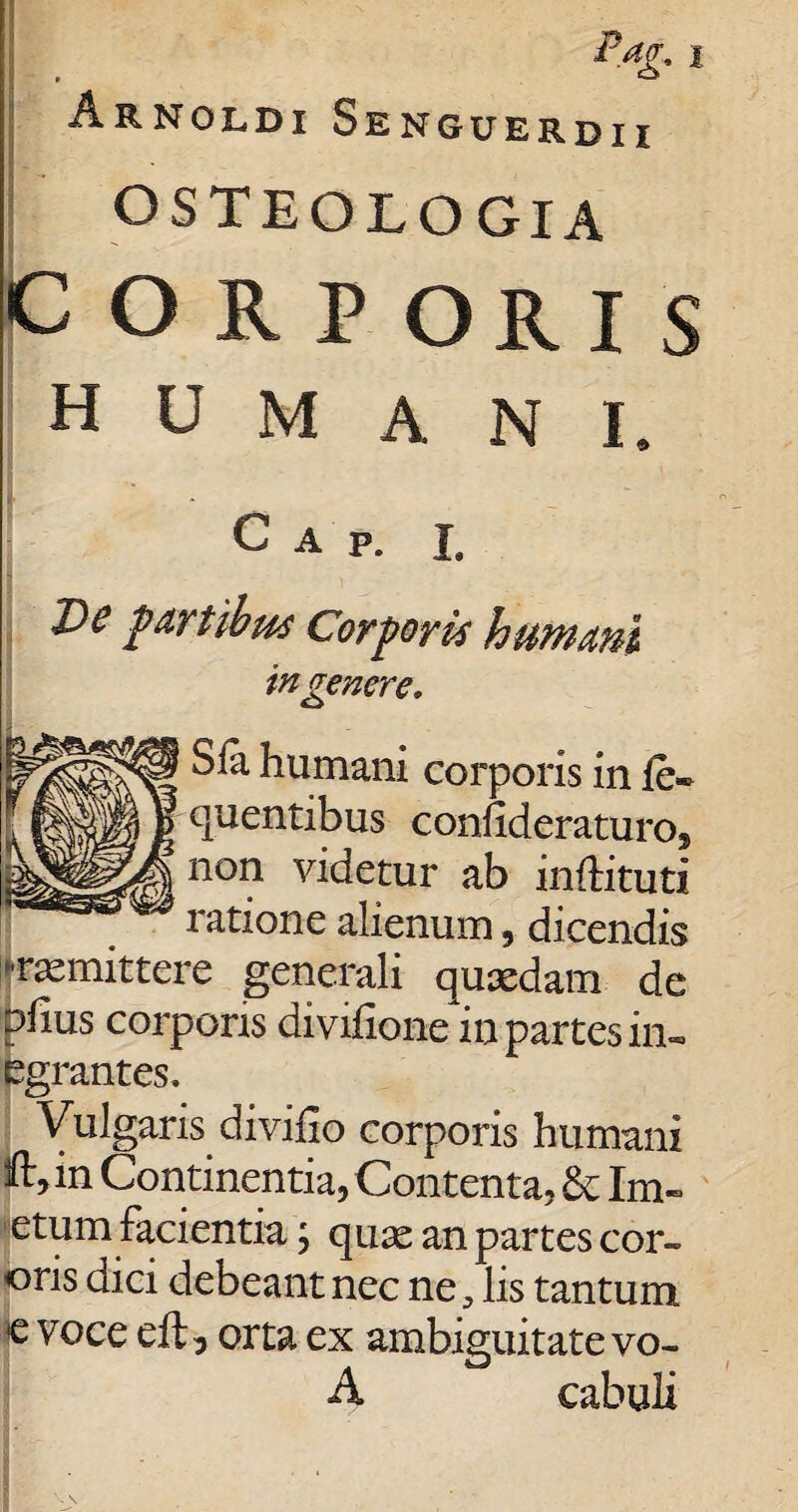 Arnoldi Sengurrdii OSTEOLOGIA CORP ORI S humani. e a p. x. De p artibus Corporis humani in genere. Sfa humani corporis in ic» quentibus conflderaturo, non videtur ab inftituti ratione alienum, dicendis ^r^mittere generali quxdam de pfius corporis di vifionelin partes in~ egrantes. Vulgaris divifio corporis humani ft, in Continentia, Contenta, & Im~ etum facientia; quse an partes cor- oris dici debeant nec ne Jis tantum c voce eft, orta ex ambiguitate vo- A cabuli