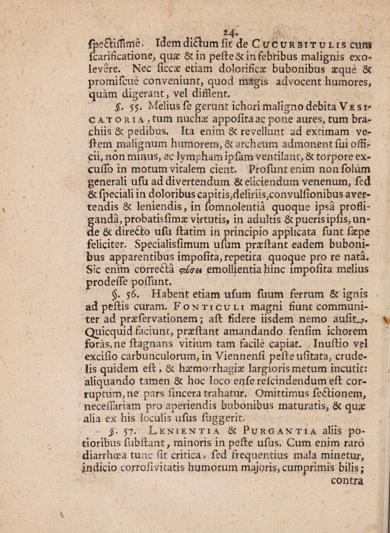 24* ; Ipefliffime. Idemdi£lumiit de Cucurbitulis cum Scarificatione, quas 5tin pefte6c in febribus malignis exo¬ levere. Nec ikcx edam dolorificae bubonibus aeque St promifcue conveniunt, quod magis advocent humores, quam digerant, vel difflent. §. 55. Melius fe gerunt iehori maligno debita Vesi- C a t o r i a , tum nuchae appofita ac pone aures, tum bra¬ chiis & pedibus. Ita enim St revellunt ad extimam ve- ftemjAialignum humorem, St archeum admonent fui offi¬ cii, non minus, ac lympham ipfam ventilant, St torpore ex- cuffo in motum vitalem cient. Profimtenim nonfoium generali ufu ad divertendum St elidendum venenum, fed Stfpeciali in doloribus capitis,deliriis,convulfionibus aver¬ tendis St leniendis, in fomnolentia quoque ipsa profli¬ ganda, probatisfimae virtutis? in adultis Stpuerisipfis, un¬ de Sc direfto ufu ftatim in principio applicata funt faepe feliciter. Specialisfimum ufum proflant eadem buboni¬ bus apparentibus impolita, repetita quoque pro re nata. Sic enim correcta <&<ju emollientia hinc impolita melius prodeffe poliunt. §. 56. Habent etiam ufum fuum ferrum St ignis ad pellis curam. Fonticuli magni fiunt communi¬ ter ad praefervationem; aft fidere iisdem nemo aufit_j. Quicquid faciunt, praeflant amandando fenum ichorem foras, ne ftagnans vitium tam facile capiat. Inuflio vel excifio carbunculorum, in Viennenfi pefteiiiitata, crude¬ lis quidem efl, St haemorrhagiae largioris metum incutit: aliquando tamen Sc hoc loco enfe refcindendum eft cor¬ ruptum, ne pars fincera trahatur. Omittimus fedionem, neceffariam pro aperiendis bubonibus maturatis, St quae alia ex his loculis ufus fiuggerit $. 57. Lenientia St Purgantia aliis po¬ ti oribus fubftant, minoris in pelle ufus. Cum enim raro diarrhoea tunc iit critica > fed frequentius mala minetur, indicio corrofvitatis humorum majoris, cumprimis bilis; contra