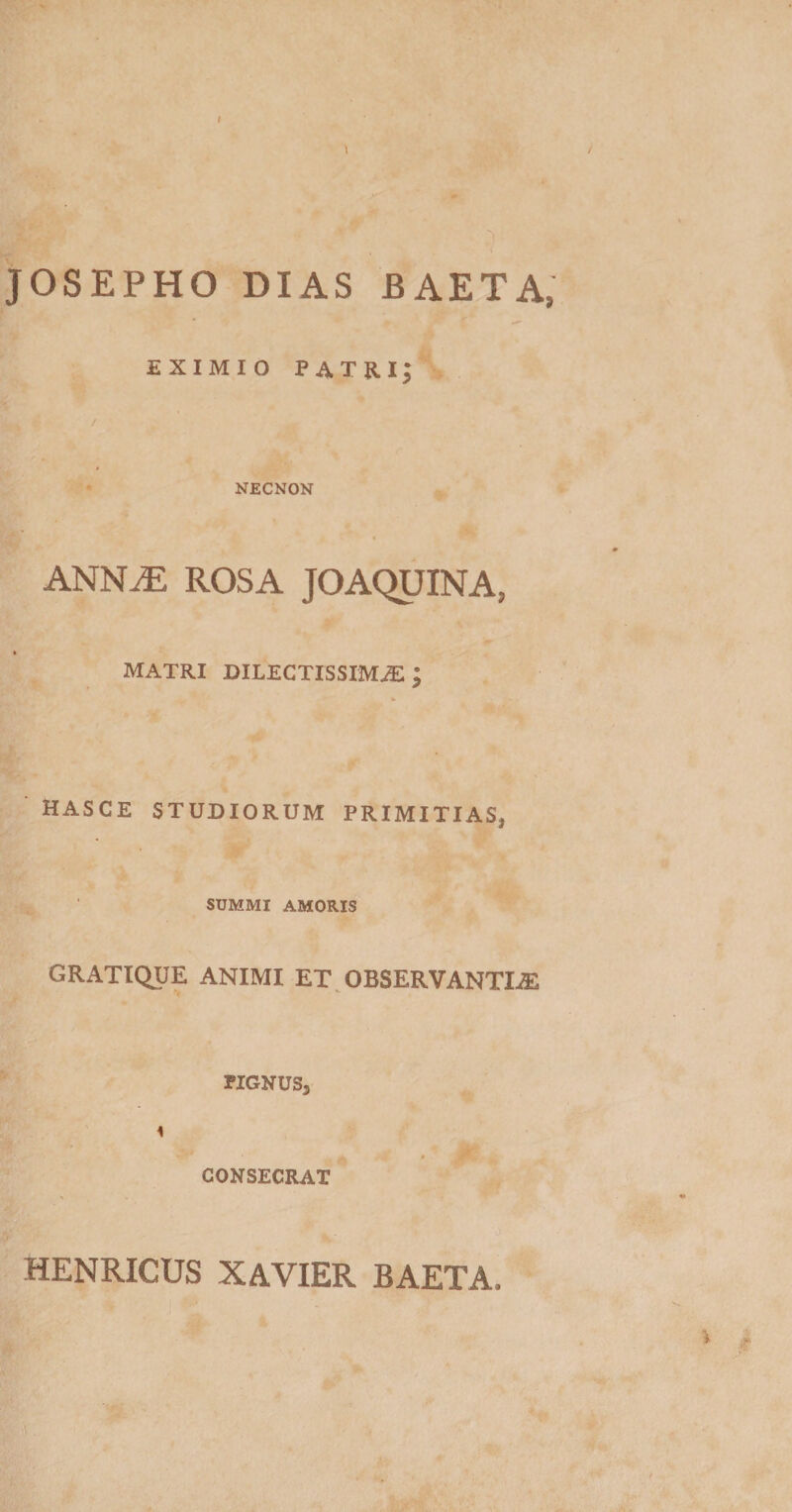 I / •fi i JOSEPHO DIAS BAETA, EXIMIO patri; / NECNON ANN^ ROSA JOAQUINA, MATRI DILECTISSIMjE ; HASCE STUDIORUM PRIMITIAS, SUMMI AMORIS GRATIQUE ANIMI ET ^OBSERVANTIAE PIGNUS, 1 CONSECRAT HENRICUS XAVIER BAETA.