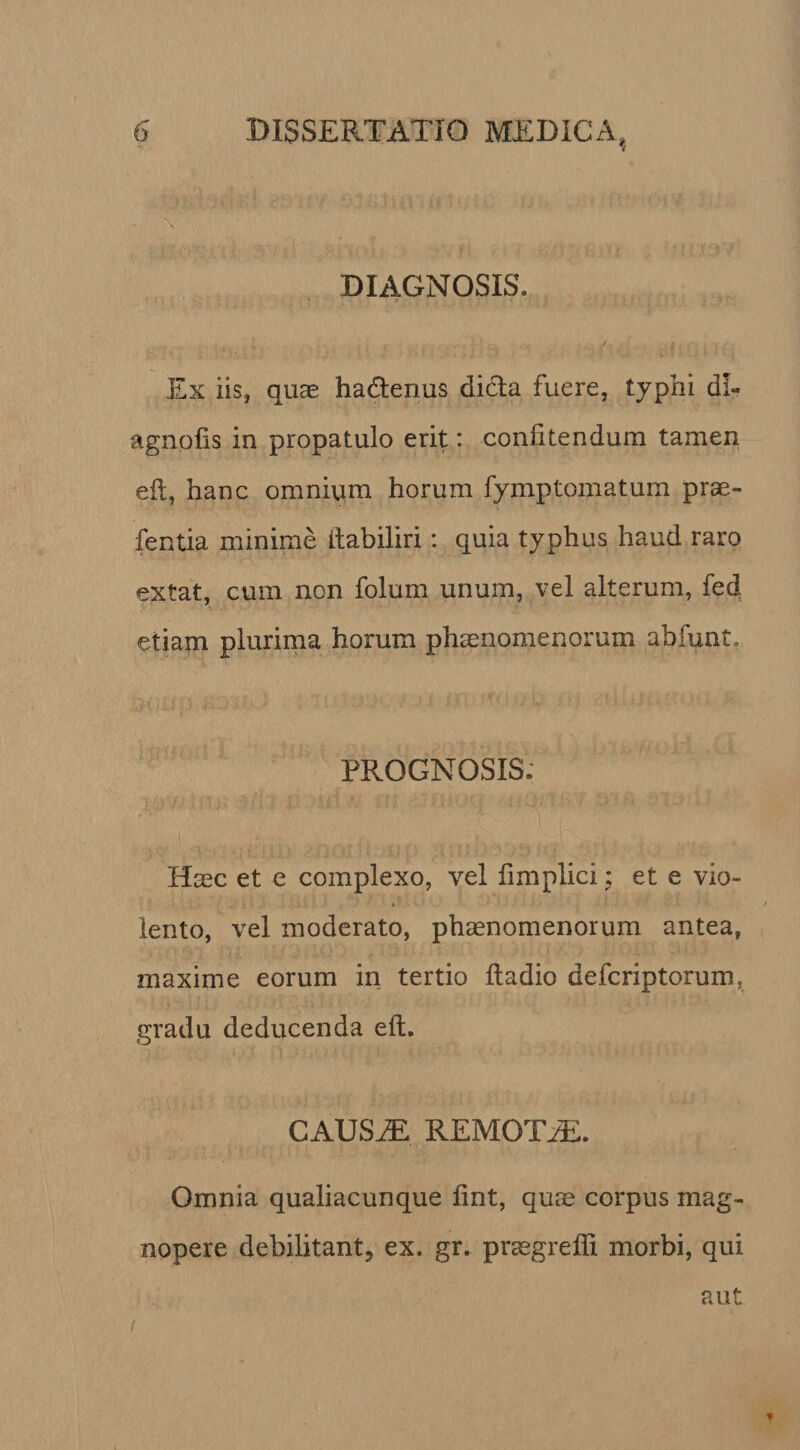 7 DIAGNOSIS. Ex iis, quae hadienus dida fuere, typhi dl- agnolis in propatulo erit: confitendum tamen eft, hanc omnium horum fymptornatum prae- fentia minime fiabiliri: quia typhus haud raro extat, cum non folum unum, vel alterum, fed etiam plurima horum phaenomenorum abfunt. PROGNOSIS. Haec et e complexo, vel fimplici; et e vio- i lento, vel moderato, phaenomenorum antea, maxime eorum in tertio ftadio defcriptorum, gradu deducenda eft. CAUS^ REMOTi®:. Omnia qualiacunque fint, quae corpus mag¬ nopere debilitant, ex. gr. praegredi morbi, qui aut I f