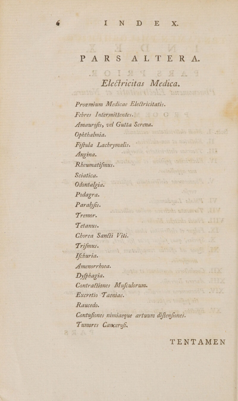 Lo AIMESVSUXNS PAR'GES LUE R Electricitas M edica. : Proemium Medicae Electricitatir. Febres Intermittentes. | A maurofis, vel Gutta Serena. Opbthalnia. | Fifla Lachrymalis. ZIngina. y Rbeumatifius. dix Sciatica. Odontalpia. Podagra. Paralyfis. Tremor. Tetanur. Chorea. Santi Viti. Trifgus. | Jfchuria. I/menorrboea. Dyfphagia. Contratlianes M. ufculorum. ^ Excretio T aeniac. | ARaucedo. : | | | Contufrones nimiaeque. artuum. difenfione:. | Tumores Canceroff. LU TENTAMEN