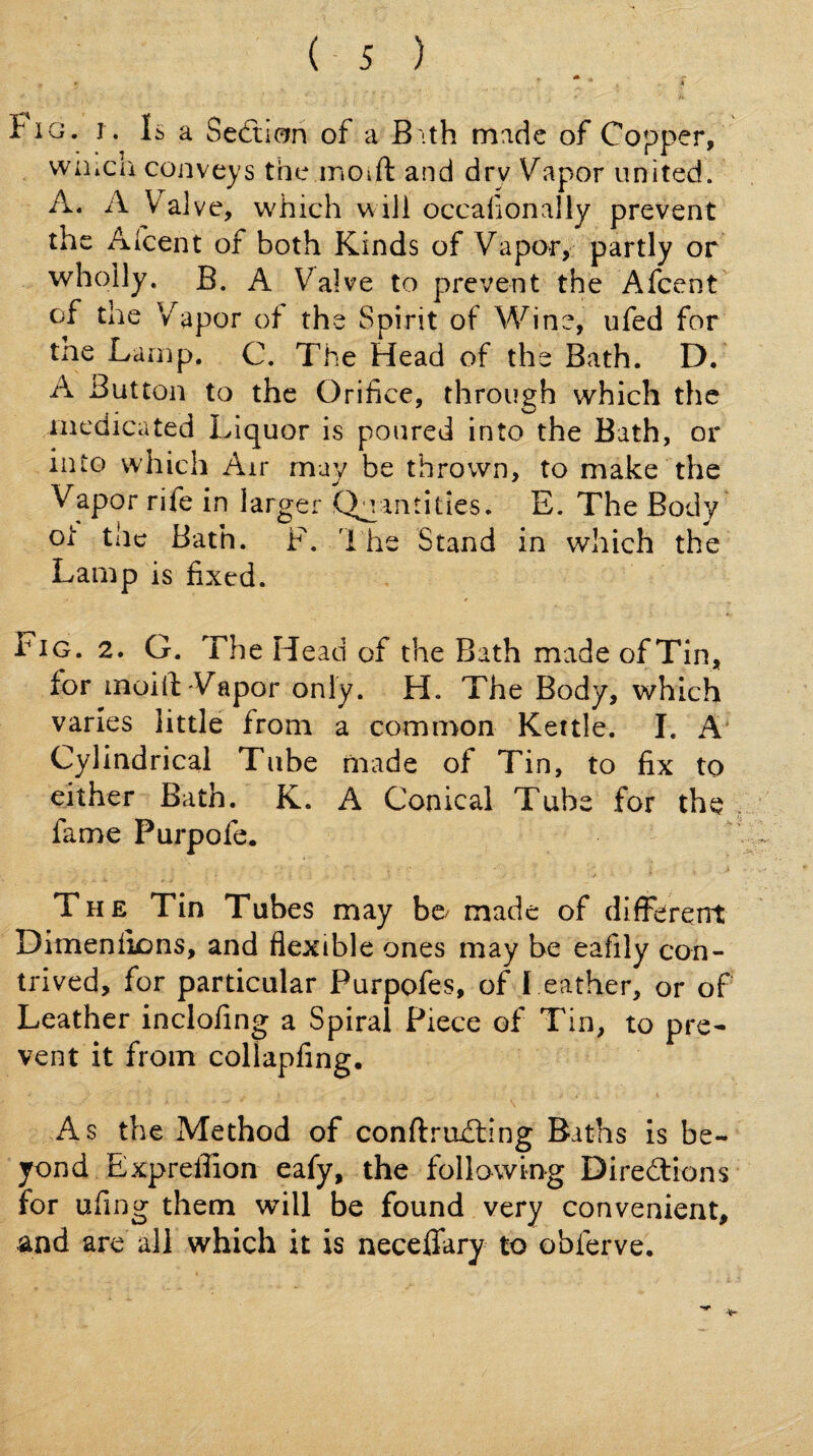 Fig. r. Is a Seftiern of a Bith made of Copper, wiiich conveys the moift and dry Vapor united. A. A Valve, which will occafionally prevent the Afcent of both Kinds of Vapor, partly or wholly. B. A Valve to prevent the Afcent oi tae Vapor of the Spirit of Wine, ufed for the Lamp. C. The Head of the Bath. D. A Button to the Orifice, through which the iiicdicated Liquor is poured into the Bath, or into which Air may be thrown, to make the Vapor rife in larger Quantities. E. The Body ot the Bath. F. 1 he Stand in which the Lamp is fixed. Fig. 2. G. The Head of the Bath made of Tin, for inoiil'Vapor only. H. The Body, which varies little from a common Kettle. I. A' Cylindrical Tube made of Tin, to fix to either Bath. K. A Conical Tube for the fame Purpofe. The Tin Tubes may be made of different Dimenlions, and flexible ones may be eafily con¬ trived, for particular Purpofes, of I eather, or of Leather inclofing a Spiral Piece of Tin, to pre¬ vent it from collapfing. As the Method of conftrodling Baths is be¬ yond Expreffion eafy, the following Diredlions for ufing them will be found very convenient, and are all which it is neceffary to obferve.