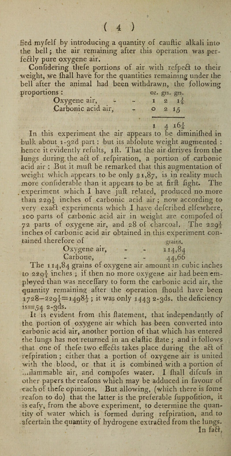 lied myfelf by introducing a quantity of cauftic alkali into the bell; the air remaining after this operation was per- feftly pure oxygene air. Confidering thefe portions of air with refpeft to their weight, we fhall have for the quantities remaining under the bell after the animal had been withdrawn, the following proportions : oz. grs. grs. Oxygene air, - - 1 2 if Carbonic acid air, - 0215 1 4 i6f In this experiment the air appears to be diminifhed in bulk about i-g2d part: but its absolute weight augmented : hence it evidently refults, lft. That the air derives from the lungs during the aft of refpiration, a portion of carbonic acid air : But it mull be remarked that this augmentation of weight which appears to be only 21,87, is in reality much more confiderable than it appears to be at firft fight. The . experiment which I have juft related, produced no more than 229! inches of carbonic acid air ; now according to very exaft experiments which I have defcribed elfewhere, 100 parts of carbonic acid air in weight are compofed of 72 parts of oxygene air, and 28 of charcoal. The 22qf inches of carbonic acid air obtained in this experiment con¬ tained therefore of grains. Oxygene air, - - 114,84 Carbone, - - 44,66 The 114,84 grains of oxygene air amount in cubic inches to 22qf inches ; it then no more oxygene air had been em¬ ployed than was neceffary to form the carbonic acid air, the quantity remaining after the operation fhould have been 1728--229!=1498^ ; it was only 1443 2'3^s* the deficiency 18=54 2-3^s. It is evident from this ftatement, that independantly of the portion of oxygene air which has been converted into carbonic acid air, another portion of that which has entered the lungs has not returned in an elaftic ftate ; and it follows that one of thefe two effefts takes place during the aft of refpiration ; either that a portion of oxygene air is united with the blood, or that it is combined with a portion of kiilammable air, and compofes water. I fhall difcufs in other papers the reafons which may be adduced in favour of each of thefe opinions. But allowing, (which there is fome reafon to do) that the latter is the preferable fuppofition, it is eafy, from the above experiment, to determine the quan¬ tity of water which is formed during refpiration, and to afcertain the quantity of hydrogene extrafted from the lungs. ;  ‘ In faft?