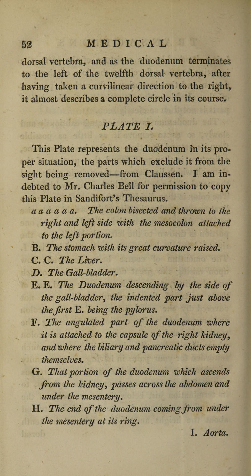 dorsal vertebra, and as the duodenum terminates to the left of the twelfth dorsal vertebra, after having taken a curvilinear direction to the right, it almost describes a complete circle in its course. PLATE L This Plate represents the duodenum in its pro¬ per situation, the parts which exclude it from the sight being removed—from Claussen. I am in¬ debted to Mr. Charles Bell for permission to copy this Plate in Sandifort’s Thesaurus. a a a a a a. The colon bisected and thrown to the right and left side with the mesocolon attached to the left portion. B. The stomach with its great curvature raised. C. C. The Liver. s ‘ D. The Gall-bladder. E. E. The Duodenum descending by the side of the gall-bladder, the indented part just above thefrst E. being the pylorus. F. The angulated part of the duodenum where it is attached to the capsule of the right kidney, and where the biliary and pancreatic ducts empty themselves. G. That portion of the duodenum which ascends from the kidney, passes across the abdomen and under the mesentery. H. The end of the duodenum coming from under the mesentery at its ring. I. Aorta.