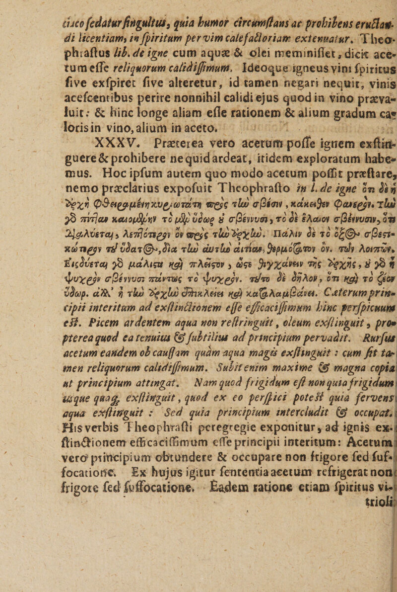 tueo [edatur fiiigultus9 quia humor circumflans ac prohibens erugan¬ di licentiam» io fpiritum per vim calefailoriam extenuatur* Theo- phiaftus lib.de igne cum aquae &amp; olei meminifiet * dicit ace¬ tum ede reliquorum calidi(fimum, Ideoque igneus vim fpirkus five exfpiret five alteretur, id tamen negari nequit, vinis acefcentibus perire nonnihil calidi ejus quod in vino praeva¬ luit; &amp; hinc longe aliam ede rationem &amp; alium gradum ca« loris in vino, alium in aceto* XXXV* Praeterea vero acetum pode ignem exfltts- guere&amp; prohibere nequidardeat, itidem exploratum habe¬ mus. Hoc ipfum autem quo modo acetum poffit praedare* nemo praeclarius expofuit Theophrafto in Lde igne In bsn °de%ri QSeiyifjLiirrxvg/comn) vrj°)c t Iw crfiimv, KctH&amp;tfcv fl)c£jn^u ?lw mTjcui KOAopStfw tc(j3[ucct)% &amp; crflevvvm) ro bs sAeaoi crlimvojvybn 2l&amp;AV6TOjy AsjfloTBgfV QV tUdhiv bs T0 (Tpsrt- udnfjv rfl vbaj^,b)cc rtw cuntu}M. rdh AM7sw* tJibvetaf pS jnaAigu fffij ttAS^sv y &lt;%&amp; fyy%dvm viis Zfzvz, d n itvx&amp;v cQevvvcn Ttdvrms ro ipvygpf. nJro bi SijAoPt bn t(gj ro Sboop. d%k’ ?i rtw 'deyjw SinnAdu qcft xa^hafxQdva. Cdierumprin* eipii interitum ad exflintlionem e fle efficaciffinmm hinc prrfpkuum e fi. Picem ardentem aqua non reflrmguit, oleum exflinguit 9 pro* pterea quod ea ternius &amp; fubtilius ad principium pervadit. Rurfus acetum eandem obeauflam quam aqua magis exflinguit * cum fit t ar¬ me n reliquorum caltdiffmum. Subit enim maxime (jg magna copia ut principium attingat. Nam quod frigidum eft non quia frigidum Usque qtiiflf exflinguit, quod ex eo per fi ici pote fi quia fervens \ aqua exflinguit : Sed quia principium intercludit (g occupat*: His verbis Theophrafti peregregie exponitur, ad ignis ex» (Hft&amp;ionrenrefficaciffirrmm eifeprincipii interitum: Acetum verOptincipium obtundere &amp; occupare noti frigore fed fuf* focatiotfe* Ex hujus igitur fententia acetum refrigerat notii frigore fed fcffocatioae* Eadem ratione etiam fpirkus vi- Uioli