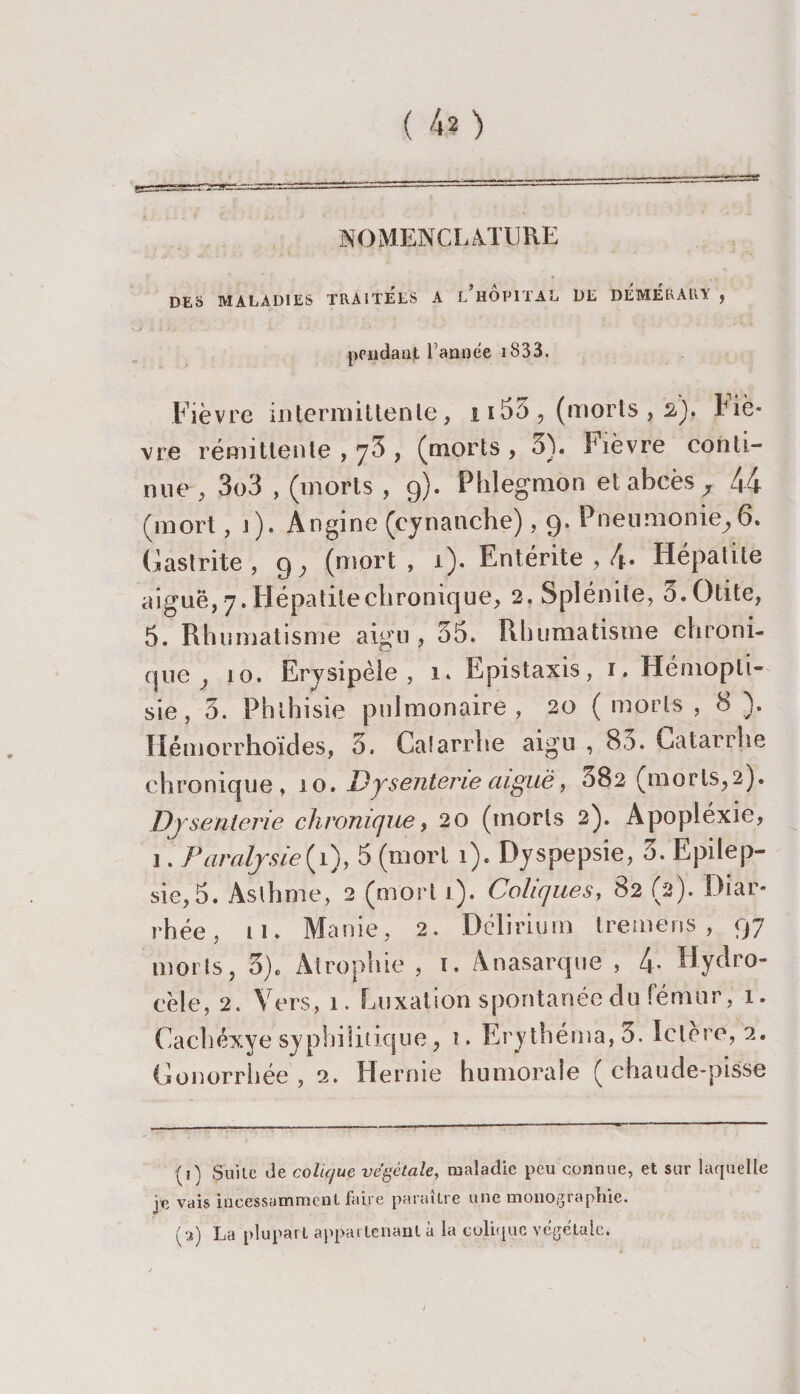 NOMENCLATURE DES MALADIES TRAITEES A l’hOPITAL DE DÉMÉRARY , pendant Tannée 1833. Fièvre intermittente, 1155 , (morts , a), Fiè¬ vre rémittente , y5 , (morts, 5). Fièvre conti¬ nue, 3o3 , (morts , 9). Phlegmon et abcès , 44 (mort, j). Angine (cjnauche), 9. Pneumonie,6. Gastrite, 9, (mort, 1). Entérite , 4. Hépatite aiguë, 7. Hépatite chronique, 2. Splénite, 3. Otite, 5. Rhumatisme aigu , 35. Rhumatisme chroni¬ que , 10. Erysipèle, 1» Epistaxis, 1. Hémopli- sie, 3. Phthisie pulmonaire, 20 (morts, 8 ). HémoLT hoïdes, 3. Catarrhe aigu , 83. Catarrhe chronique, 10. Dysenterie aiguë, 382 (morts, 2). Dysenterie chronique, 20 (morts 2). Àpopléxie, 1. Paralysie^ 1), 5 (mort 1). Dyspepsie, 3. Epilep¬ sie^. Asthme, 2 (mort 1). Coliques, 82 (2). Diar¬ rhée , 11. Manie, 2. Delirium tremens , 97 morts, 3). Atrophie , 1. Anasarque , 4- Hydro¬ cèle, 2. Vers, 1. Luxation spontanée du fémur, 1. Cachéxye syphilitique, i. Erythéma,3. Ictère, 2. Gonorrhée , 2. Hernie humorale ( chaude-pisse (j) Suite de colique végétale, maladie peu connue, et sur laquelle ie vais incessamment faire paraître une monographie.
