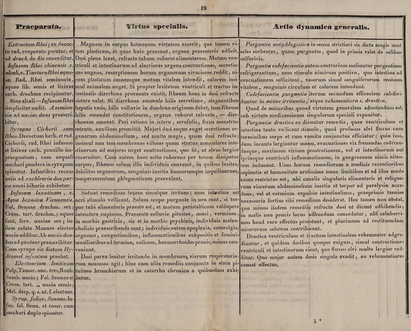 Praeparata. Extractum Pihei', ex decoc¬ to rad. evaporato paratur, et ad drach. de die conceditur. Infusum Pihei chinensis c. alcalfv. Tinctura Pihei aquo¬ sa. Rad. Rhei semiuncia, aquae lib. semis et lixivae carb. drachma recipiuntur Sine alcali —InfusumPihei simpliciter audit. A semiun¬ cia ad uncias duas praescri¬ bitur. Syrupus Cichorii cum Piheo.Decoctum herb. et rad. Cichorii, rad. Rhei infusum et lixivae carb. pauxillo im¬ praegnatum , cum aequali sacchari pondere in syrupum spissatur. Infantibus recens natis ad cochlearia duo par¬ va omnibihorio exhibetur Infusum laxativum , v Aqua laxaiiva Viennensis Fol. Sennae drachm. sex Crem. tari, drachm.; aquae font. ferv. unciae sex ; in fuso colato Mannae electae uncia additur.Ab unciis dua 6ujad <7«fl/«07’praescribitur. Cum syrupo sic dictum Hy¬ dram e l injunium praebet. Electuarium lenilivum Pulp.Tamar. unc. tres,Roob. Sami), uncia ; Fol. Sennae el Crem. tari, r» uncia semis; Mei, desp. q. s. ut. f. elecluar Syrup. folior. Sennae.In Ius. fol. Senn. et rosar. cum sacchari duplo spissatur. Virtus specialis. Actio «lynamica generalis. Magnam in corpus humanum virtutem exserit, qua tamen vi¬ tam plasticam, et quae huic praesunt, organa praeceteris adlicit, Dosi plena laxat, refracta tubum roborat alimentarem. Motum ven¬ triculi et intestinarum ad alacriores urgens contractiones, secretio¬ nes augens, resorptionem horurn organorum vivaciores reddit, ni¬ sum plasticum omnemque motum vitalem intendit, calorem insi¬ mul animalem auget. Si propter laxitatem ventriculi et tractus in¬ testinalis diarrhoea provocata exislit, Rheum hanc in dosi refracta sistere valet. Si diarrhoea anomala bilis secretione, stagnantibus hepatis vasis, bilis colluvie in duodeno originem debet, tum Rheum bilis emendat constitutionem, organa roborat relaxata, — diar¬ rhoeam amovet. Pari ratione in ictero , scrofulis, fluxu menstruo retento, auxilium promittit. Majori dosi aeque auget secretiones or¬ ganorum abdominalium, sed multo magis, quam dosi refracta; insimul non tam membranas villosas quam stratus musculares inte¬ stinorum ad majores urget contractiones, quo fit-, ut alvus largior excernitur. Cum autem haec actio roborans per totum dissipetur corpus, Rheum soluin illis individuis convenit, in quibus laxitas debilitas organorum, sanguinis inertia humorumque inquilinorum, temperamentum phlegmaticum praevalent. Purgantia antiphlogislica in sensu strictiori sic dicta magis sunt sales sorbentes, quam purgantes, quod in primis valet de salibus sulfuricis. Purgantia calefacientia autem contrarium moliuntur purgantium refrigerantium, nam stimulo nimirum positivo, quo intestina ad evacuationem sollicitant, vasorum simul sanguiferorum renisum vitalem , sanguinis circulum et colorem intendunt. Calefacientia purgantia iterum secundum efficaciam subdivi¬ duntur in mitius irritantia, atque vehementiora s. drastica. Quod de mitioribus quoad virtutem generalem adnotandum est, sub virtute medicaminum singulorum speciali exponitur. Purgantia draslica ea dicuntur remedia, quae ventriculum et intestina tanto vellicant stimulo, quod profusus alvi fluxus cum torminibus saepe et cum vomitu conjunctus efficiatur; quin imo, dum incauta largiantur manu, evacuationes vix frenandas coercen- dasque, maximam virium prostrationem, vel et intestinorum aut ipsiusque ventriculi inflammationem, in gangraenam nimis niten¬ tem inducant. Usus horum remediorum a medicis recentioribus sapientia et humanitate arctissime nunc limitibus et ad illos modo casus restrictus est, ubi canalis singularis alimentaris et reliquo¬ rum viscerum abdominalium inertia et torpor ad paralysin acce- Sistunt remedium laxans simulque irritans; nam intestina sal dens Vel et vermium expulsio intestinalium, praeprimis taeniae acri stimulo vellicant. Solum scopo purgante in usu sunt, si tor-|necessaiqa fortius sibi remedium desiderat. Hoc tamen non obstat, por tubi alimentaris praesto est, et motum peristalticum valdopere intendere cupimus. Praesente colluvie pituitae, muci, vermium, in morbis gastricis , sic et in morbis psychicis, individuis melan¬ cholicis praescribenda sunt; individuis autem apoplexia, enteralgia quo minus iisdem remediis refracta dosi ut dicunt adhibendis, in malis non paucis locus adhucdum concedatur, ubi saluberri¬ mos haud raro effectus praestant, et plurimum ad restituendam miserorum salutem contribuunt. orgasmo, congestionibus, inflammationibus subpositis et feminis! Drastica ventriculum et tractum intestinalem vehementer adgre sensilioribus ad tormina, colicam, haemorrhoides pronis, minus con¬ veniunt. Dosi parva leniter irritando in membranas, viarum respiratoria¬ rum mucosas agit; hinc cum aliis remediis conjuncta in statu pi¬ tuitoso bronchiarum et in catarrho chronico a quibusdam exhi¬ betur. diunlur, et quidem dosibus quoque exiguis, simul contractione ventriculi et intestinorum cient, quo fluxus alvi multo largior red¬ ditur. Quo major autem dosis singula evadit , eo vehementiores causat effectus.