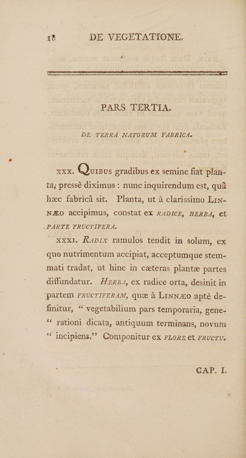 PARS TERTIA. HE TERRA NATORUM FABRICA. * xxx. Quibus gradibus ex semine fiat piam ta,' presse diximus : nunc inquirendum est, quS liaec fabrica sit. Planta, ut a clarissimo Lin- njeo accipimus, constat ex radice, herba, et PARTE FRUCTIFERA. xxxi. Radix ramulos tendit in solum, ex quo nutrimentum accipiat, acceptumque stem¬ mati tradat, ut hinc in caeteras plantae partes diffundatur. Herba, ex radice orta, desinit in partem fructiferam, quae a Linn^co apte de¬ finitur, “ vegetabilium pars temporaria, gene- 66 rationi dicata, antiquum terminans, novum ‘‘ incipiens,95 Componitur ex flore et fructu* CAP. L