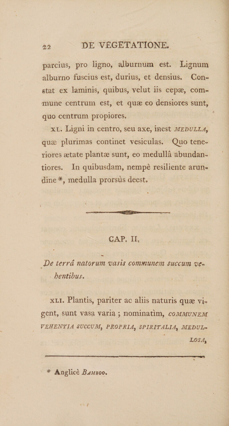 parcius, pro ligno, alburnum est. Lignum alburno fuscius est, durius, et densius. Con¬ stat ex laminis, quibus, velut iis cepae, com¬ mune centrum est, et quas eo densiores sunt, quo centrum propiores. xl. Ligni in centro, seu axe, inest medulla, qu^ plurimas continet vesiculas. Quo tene¬ riores aetate plantae sunt, eo medulla abundan- tiores. In quibusdam, nempe resiliente arun¬ dine medulla prorsus deest. * w. ■ -mmmqggggpmmm-— GAP. II, J)e terra natorum vasis communem succum ve« % h entibus* xli. Plantis, pariter ac aliis naturis quae vi¬ gent, sunt vasa varia ; nominatim, communem VEHENTIA SUCCUM, PROPRIA, SPIRITALIA, MEDUL-* 0 LOSA% ...' ■ - NMia * Anglice Bamboo»