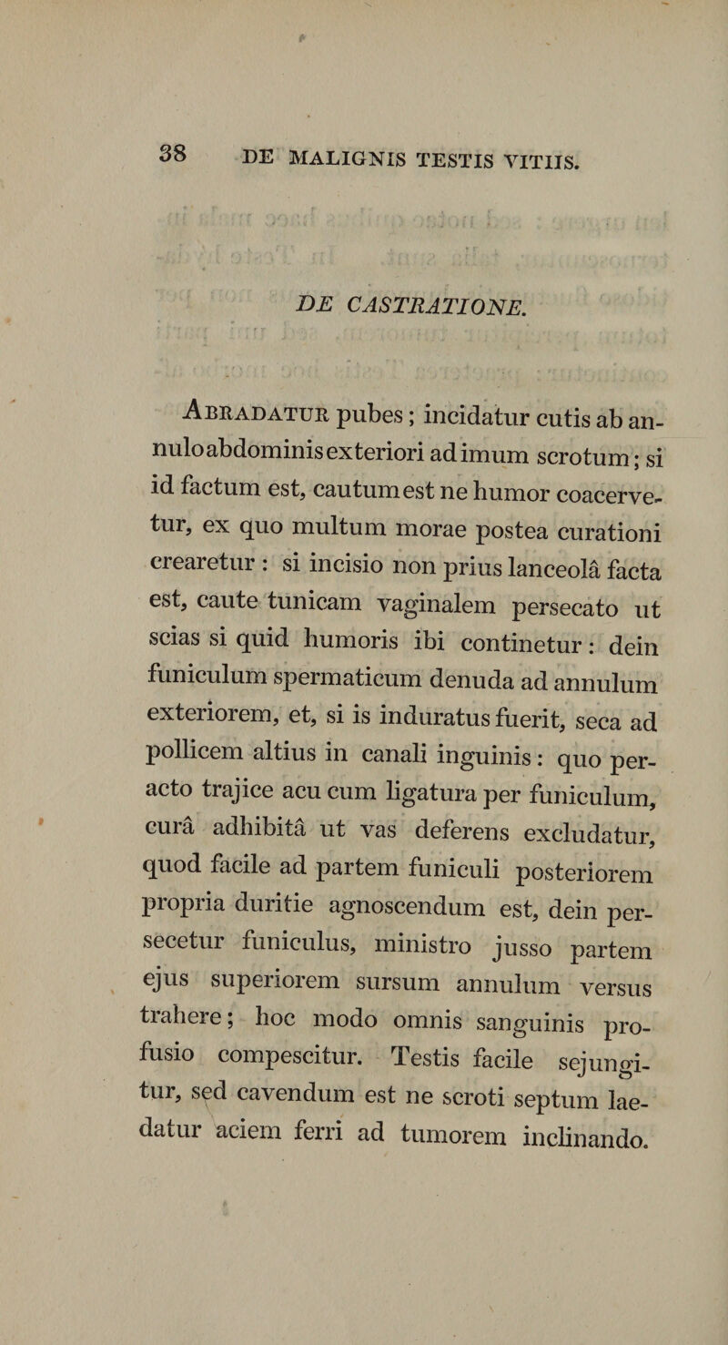 DE CASTRATIONE. Abradatur pubes; incidatur cutis ab an- nulo abdominis exteriori ad imum scrotum; si id factum est, cautum est ne humor coacerve** tur, ex cpio multum morae postea curationi crearetur : si incisio non prius lanceola facta est, caute tunicam vaginalem persecato ut scias si quid humoris ibi continetur: dein funiculum spermaticum denuda ad annulum exteriorem, et, si is induratus fuerit, seca ad pollicem altius in canali inguinis: quo per¬ acto trajice acu cum ligatura per funiculum, cura adhibita ut vas deferens excludatur, quod facile ad partem funiculi posteriorem propria duritie agnoscendum est, dein per- secetur funiculus, ministro jusso partem ejus superiorem sursum annulum versus trahere; hoc modo omnis sanguinis pro¬ fusio compescitur. Testis facile sejungi¬ tur, sed cavendum est ne scroti septum lae¬ datur aciem ferri ad tumorem inclinando.