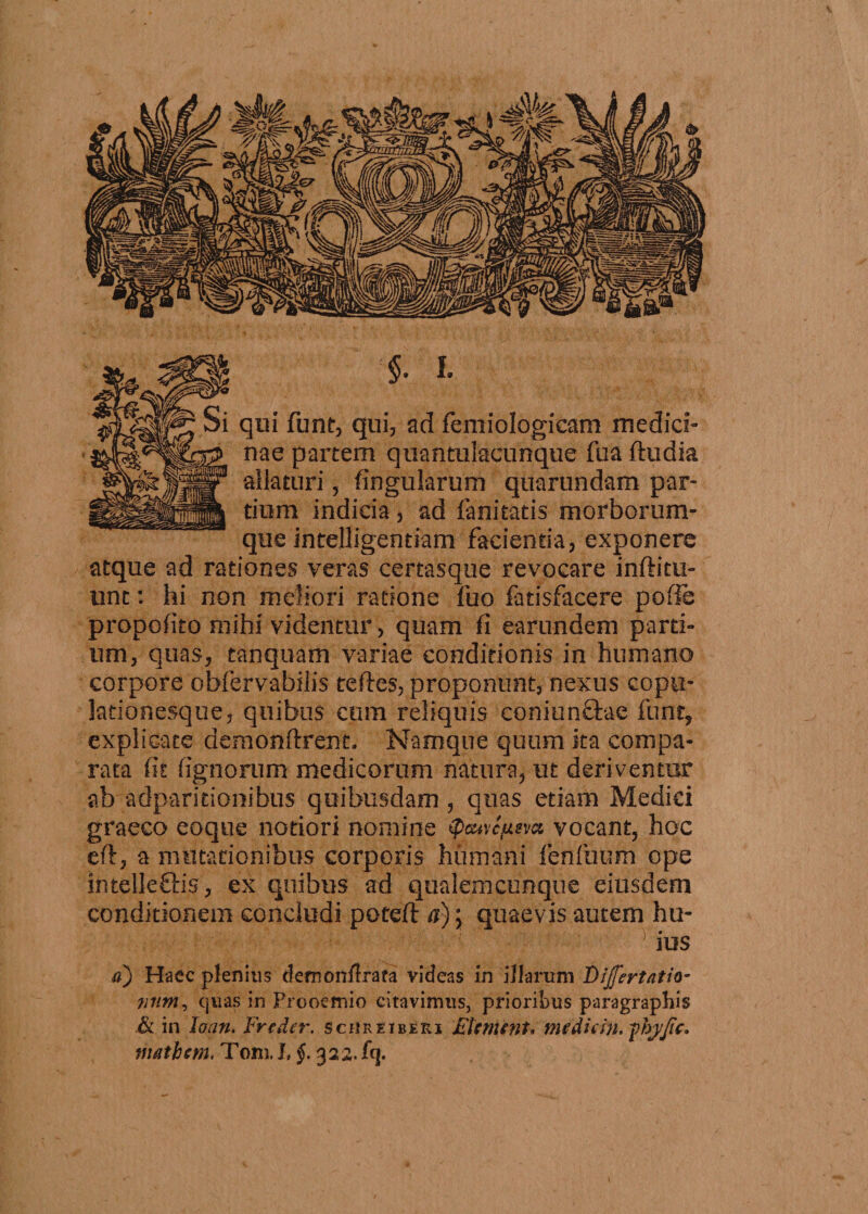 qui funt, qui, ad femiologicam medici¬ nae partem quantulaeunque fua ftudia allaturi, Ungularum quarundam par¬ tium indicia , ad fanitatis morborum¬ que intelligentiam facientia, exponere atque ad rationes veras certasque revocare inftitu- unt: hi non meliori ratione fuo fatisfacere poffe propofito mihi videntur, quam fi earundem parti¬ um, quas, tanquam variae conditionis in humano corpore obfervabilis teftcs, proponunt, nexus copu- lationesque, quibus cum reliquis coniunftae funt, explicate aemonftrent. Namque quum ita compa¬ rata fit fignorum medicorum natura, ut deriventur ab adparitionibus quibusdam, quas etiam Medici graeco eoque notiori nomine Qcwcfisvct vocant, hoc eft, a mutationibus corporis humani lenluum ope imelleftis, ex quibus ad qualemcunque eiusdem conditionem concludi poteft a) \ quaevis autem hu¬ ius a) Haec plenius demonllrafa videas in illarum Dijfertatio• nnm, cjuas in Prooemio citavimus, prioribus paragraphis &amp; in loan. Freder. sciiretbeki Elinunto mediiin. fhj/Jic* mati em. Tom. I, §. 322. %