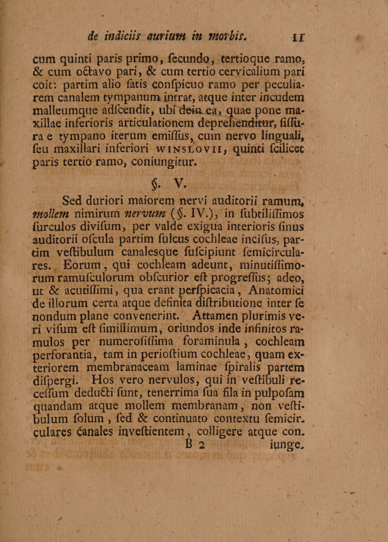 cum quinti paris primo, fecundo, tertioque ramo, & cum ofrtavo pari, & cum tertio cervicalium pari coit: partim alio latis confpicuo ramo per peculia¬ rem canalem tympanum intrat, atque inter incudem malleumque adfcendit, ubi demea, quae pone ma¬ xillae inferioris articulationem deprehenditur, fiflu- ra e tympano iterum emiflus, cum nervo linguali, feu maxillari inferiori winslovii, quinti fcilicec paris tertio ramo, coniungitur. §. v. Sed duriori maiorem nervi auditorii ramum, mollem nimirum nervum (§. IV.), in fubtiliffimos furculos divifum, per valde exigua interioris finus auditorii ofcula partim fulcus cochleae incifus, par- tim vertibulum canalesque fufcipiunt femicircula- res. Eorum, qui cochleam adeunt, minutiffimo- rum ramufculorum obfcurior eft progrefTns; adeo, ut & acutiffimi, qua erant perfpicacia, Anatomici de illorum certa atque definita diftributione inter fe nondum plane convenerint. Attamen plurimis ve¬ ri vifum eft fimiilimum, oriundos inde infinitos ra¬ mulos per numerofiflima foraminula , cochleam perforantia, tam in perioftium cochleae, quam ex¬ teriorem membranaceam laminae fpiralis partem difpergi. Hos vero nervulos, qui in vertibuli re- certum dedufti funt, tenerrima fua fila in pulpofam quandam atque mollem membranam, non verti- bulum folum , fed & continuato contextu femicir. culares canales inveftientem, colligere atque con. B 2 iunge. /