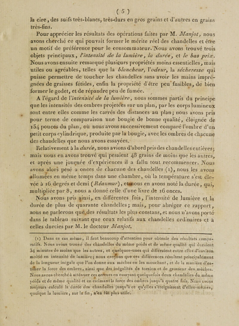 la cire, des suifs tres-blancs, tres-durs en gros grains el d’aulres cn grains tres-fins. Pour apprecier les resultats des operations fades par M. Manjot, nous avons cherche ce qui pouvait former le merite reel des chandelles el etre un motif de preference pour le consommateur. Nous avons trouve trois objets principaux, l’intensity de la lumiere , la durde, et le has prim. Nous avons ensuite remarque plusiqurs proprietes moins essenlielles, mais utiles ou agreables, telles que la blancheur, Yodeur, la sdcheresse qui puisse permettre de toucher les chandelles sans avoir les mains impre- gnees de graisses fetides, enfin la propriete d'etre peu fusibles, de bien former le godet, et de repandre peu de fumee. A l’egard de Yinlen’site de la lumiere, nous sommes partis du principe que les intensites des ombres projetees sur un plan, par les corps lumineux sont entre elles comme les carres des distances au plan - nous avons pris pour terme de comparaison une bougie de bonne qualite, eloignee de 154 pouces du plan, ou nous avons successivement compare l’ombre d’un petit corps cylindrique, produite par la bougie, avec les ombres de chacune des chandelles que nous avons essayees. Relativement it la duree, nous avions d’abord prisdes chandelles entieres- mais nous en avons trouve qui pesaient 4S grains de moins que les autres, et apres une journee d’experiences il a fallu tout recornmencer. Nous avons alors peso 2 onces de chacune des chandelles (1), nous les avons allumees en meme temps dans une chambre, oil la temperature s’est ele- vee a 16 degres et demi (Reaumur), el*nous en avons note la duree, qui, mullipliee par 8, nous a donne celle d’une livre de 16 onces. Nous avons pris ainsi, en differentes fois, l’intensite de lumiere et la duree de plus de quarante chandelles^. mais, pour abreger ce rapport, nous ne parlerons que des resultats les plus constans, et nous 11’avons porte dans le tableau suivant que ceux relatifs aux chandelles ordlnaires et k celles durcies par. M. le docteur Manjot. (r) Dans ce cas meme, il faut beaucoup (l’attention pour obtenir des resultats tompa- ralifs. INous avons trouve des clmndelles du meme poids et de m4me qualite qui duraient 34 minutes de moins que les autres, et quelques-unes qui differaient entre elles d’environ moitie en intensite de lumiere; nous croyons que ces differences resultent principalement de la longueur irit'gale que Pon donne aux meclies en les mouchant, et de la nianiere d’es- limer la force des ombres, ainsi que des inegalites de torsion et de grosseur des meches. Nous avons cherchea atteriuer ces erreurs en essayant quelquefois deux chandelles du in£me poids et de meme qualite et en eslimantla force des ombres jusqu’a quatre fois. Nous avons ton jours calculd la duree des chandelles jusqu’a ce qu’elles s’eteignissent d’elles-m^mes, quoique la lumiere, sur la fin , n’en fftfc plus utile.