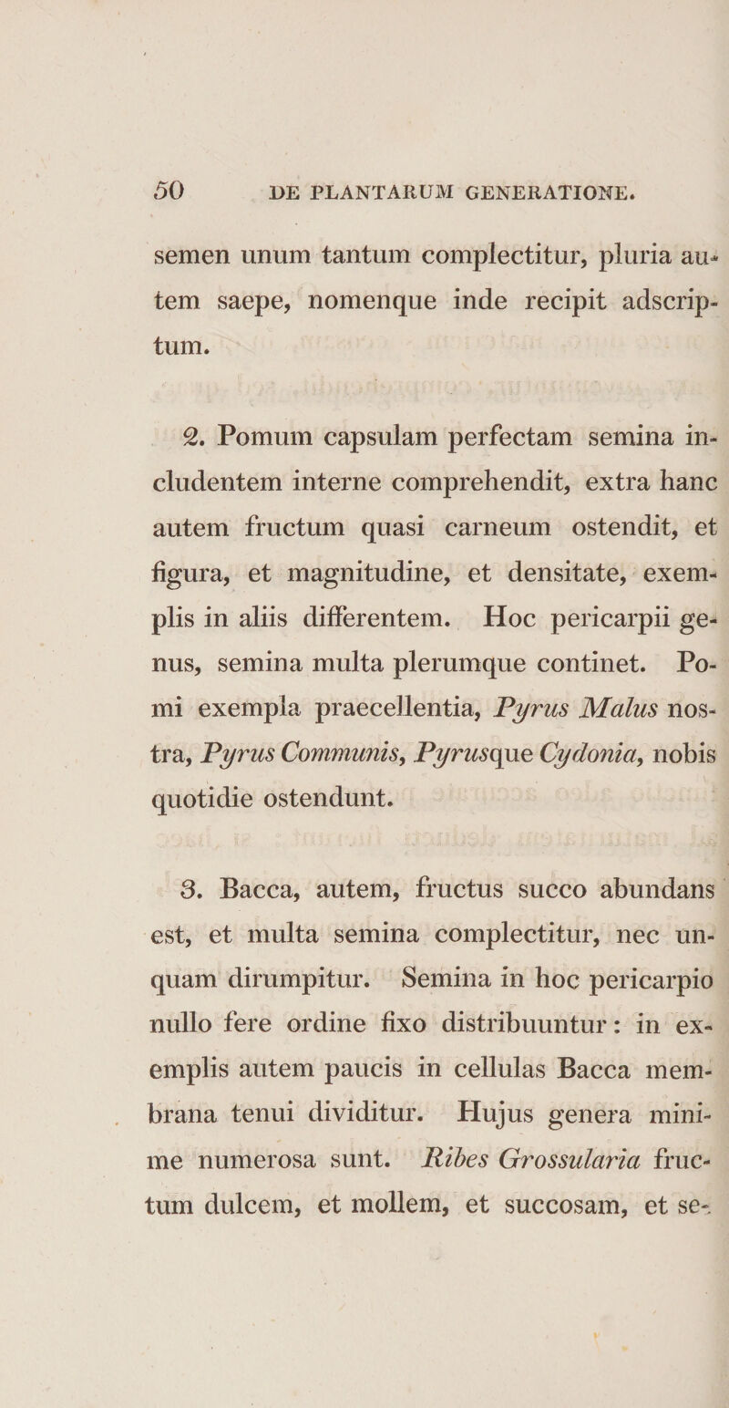 semen unum tantum complectitur, pluria au¬ tem saepe, nomenque inde recipit adscrip- tum. 2. Pomum capsulam perfectam semina in¬ cludentem interne comprehendit, extra hanc autem fructum quasi carneum ostendit, et figura, et magnitudine, et densitate, exem¬ plis in aliis differentem. Hoc pericarpii ge¬ nus, semina multa plerumque continet. Po¬ mi exempla praecellentia, Pyrus Malus nos¬ tra, Pyrus Communis, Pyrusque Cydonia, nobis quotidie ostendunt. 3. Bacca, autem, fructus succo abundans est, et multa semina complectitur, nec un¬ quam dirumpitur. Semina in hoc pericarpio nullo fere ordine fixo distribuuntur: in ex¬ emplis autem paucis in cellulas Bacca mem¬ brana tenui dividitur. Hujus genera mini¬ me numerosa sunt. Ribes Grossularia fruc¬ tum dulcem, et mollem, et succosam, et se-