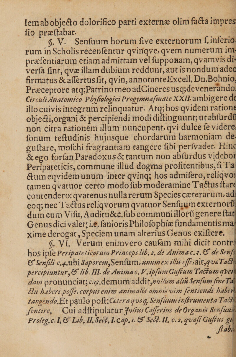 lemabobje&amp;o dolorifico parti extern* olimfa&amp;a impres fio praeftabat- V. Senfuum horum five externorum f. inferio¬ rum in Scholis recenfentur qvinqve, qvem numerum im- praefentiarum etiam admittam vel fupponam,qvamvis di- verfa finr, qv* illam dubium reddunt, aut is nondum adeo firmatus &amp; afiertus fit, qvin, annotanteExcell, Dn.Bohnio. Prteceptore atq;Patrino meo adCineres usq;devenerando: CirculiAnatomico Phy/io logici Progymnafmate XXII• ambigere de illo cuivis integrum relinquatur. Atq; hos qvidem ratione obje&lt;fii,organi &amp; percipiendi modi diftinguunt; ut abfurdii non citra rationem illum nuncupent»qvi dulce fe videre fonum teftudinis hujusque chordarum harmoniam de. guftare, mofchi fragrantiam tangere fibi perfvadet. Kinc Scego for(anParadoxus&amp;tantum non abfurdus videboi Peripateticis, commune illud dogma profitentifeus,fi Ta dium eqvidem unum inter qvinq; hos admifero, reliqvo! tamen qvatuor certo modo fub moderamine Ta&amp;usftart contendero: qvatenus nulla rerum Species catferaru m» ad eoq; nec Taftus reliqvorum qvatuor Senfuum externoru dum cum Vifu, Auditu&amp;c.fub communiillorugenere ftat Genus dici valet: i.e. fanioris Philofophi* fundamentis ma xime derogat,Speciem unam alteriusGenus exiftere. VI. Verum enimvero caufam mihi dicit contr l hos ipfe Peripateticorum Princeps lib. 2, de Anima c, ?. fSde Senjx &amp;Senftli c.^.ubi Saporem,Sentum, unum ex illis ejJe,z\t,qv&amp;Tablk percipiuntur, &amp; lib. 111. de Anima c. V. ipfum Guftum Tabium tftetk dam pronuntiat; c..y,demum addit,nullum aliu SenfumfineTai blu habert pojfe, corpus enim animalis omnis vim fentiendi habet\ t angendo,Kt paulo 'pofcCateraqvocp Senfuum in/lrumenta Tabis, fentire, Cui adftipulatur filius Qajjerius de Organis Senfuuii Proleg, c. 1, &amp; Lib; 11. Sebi, 1. c ap. i. &amp; Sebi. 11. c. 2, qvafi Gujlus gi. Jlabn