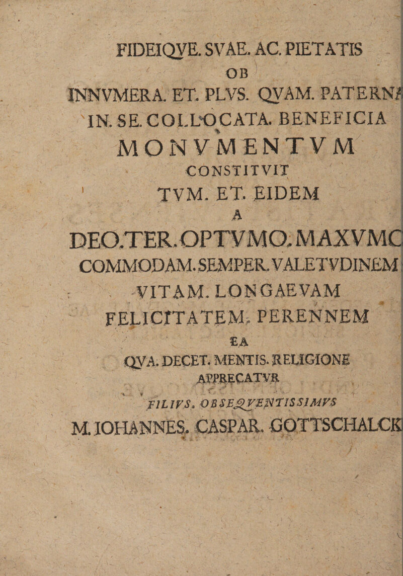 FIDEIQVE. SVAE. AC. PIETATIS OB INNVMERA. ET. PLV3L QVAM. PATERNA /'IN. SE. COLLOCATA. BENEFICIA MONvhENTVM CONSTITVIX S ' 1 TVM. ET. EIDEM A COMMODAM.SEMPER.VAI.ETVDINEM , -VITAM. LONGAEVAM FELICITATEM:- PERENNEM * W ' &lt;t0P  ‘ ^ \ 'E.A ' ,  v • ; ; ':§f QVA. DECET. MENTIS. HEUGIONE •V ? apprecatvr F/I /FS, OSSEgrMMTI-SS1MVS M. Vj