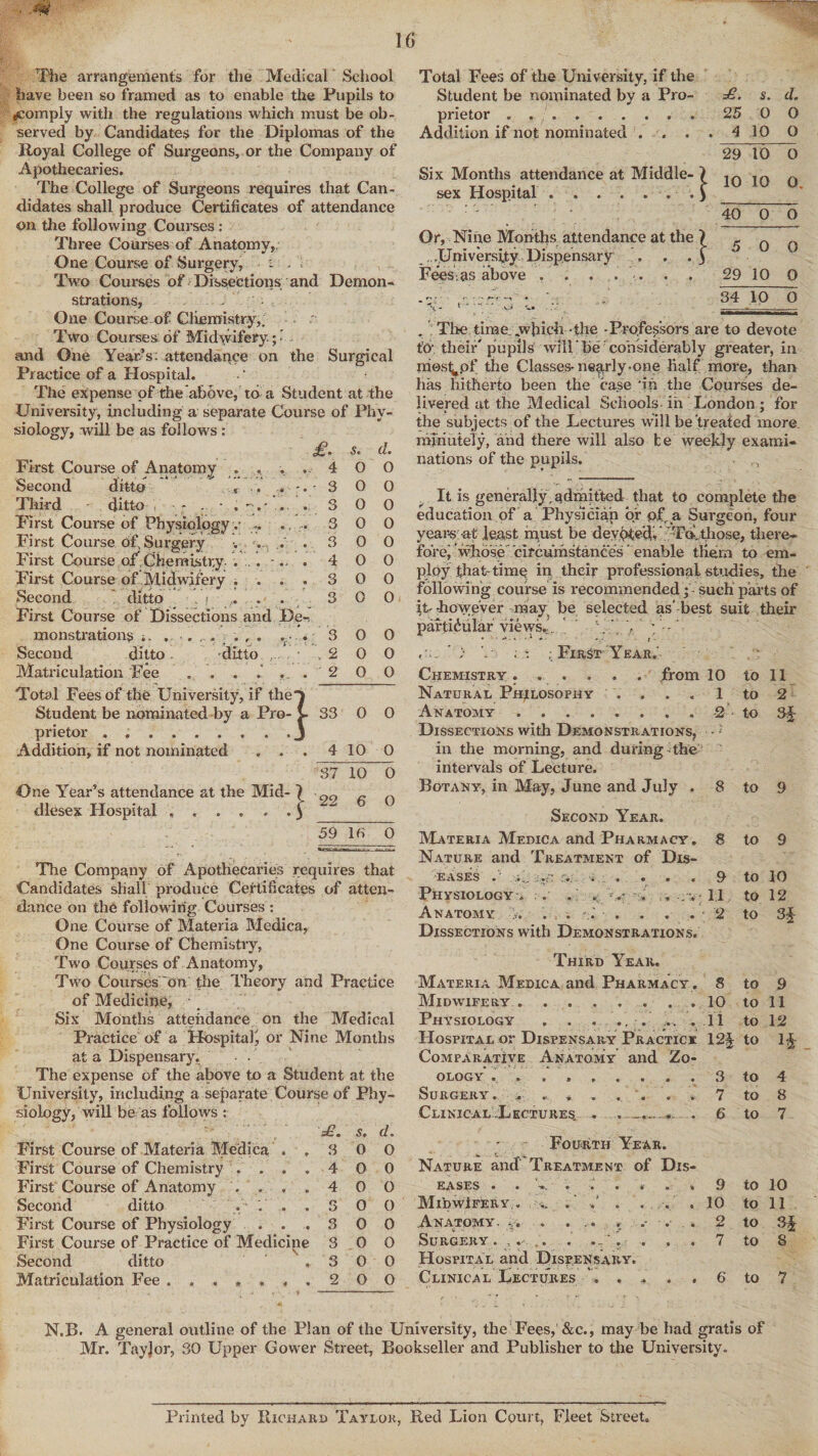 The arrangements for the Medical School have been so framed as to enable the Pupils to comply with the regulations which must be ob¬ served by Candidates for the Diplomas of the Royal College of Surgeons, or the Company of Apothecaries. The College of Surgeons requires that Can¬ didates shall produce Certificates of attendance on the following Courses : Three Courses of Anatomy,, One Course of Surgery, : > , Two Courses of Dissections and Demon¬ strations, One Course of Chemistry,. Two Courses: of Midwifery; •’ and One Year’s: attendance on the Surgical Practice of a Hospital. The expense of the above, to a Student at the University, including a separate Course of Phy¬ siology, will be as follows : £. S. d. First Course of Anatomy . , . . 4 O 0 Second ditto * K .. . 3 0 0 Third ditto - . 3 0 0 First Course of Physiology / ,. . .. 3 0 0 First Course of, Surgery •. . .. . 3 0 0 First Course of Chemistry. . . .. . 4 0 0 First Course of Midwifery .... 300 Second ditto , j ... . . 3 0 0 First Course of Dissections and De-, monstrationg i. . . , 3 O 0 Second ditto . -ditto , ,200 Matriculation Fee „ . . .’ , . 2 0 0 Total Fees of the University, if the~» Student be nominated by a Pro- v 33 0 0 prietor.j Addition, if not nominated . . . 4 10 0 37 10 “6 One Year’s attendance at the Mid- \ 99 n dlesex Hospital ......} 59 lfi 0 The Company of Apothecaries requires that Candidates shall produce Certificates of atten¬ dance on the following Courses : One Course of Materia Medica, One Course of Chemistry, Two Courses of Anatomy, Two Courses 'on the Theory and Practice of Medicine, Six Months attendance on the Medical Practice of a Hospital!, or Nine Months at a Dispensary. The expense of the above to a Student at the University, including a separate Course of Phy¬ siology, will be as follows : '£. s, d. First Course of Materia Medica . ,300 First Course of Chemistry V . • . 4 0 0 First Course of Anatomy ..,.400 Second ditto . - ‘...300 First Course of Physiology ...300 First Course of Practice of Medicine 3 0 0 Second ditto ' ,300 Matriculation Fee . . . ,.,.200 Total Fees of the University, if the Student be nominated by a Pro- d. prietor . ... 25 0 0 Addition if not nominated . . . . 4 10 0 29 10 0 Six Months attendance at Middle- ] i 10 10 0 sex Hospital ....... 1 40 0 0 Or, Nine Months attendance at the ] .University Dispensary . . . j \ 5 0 0 Fees, as above ....... 29 10 0 34 10 0 . The time .which-the -Professors are to devote fCr their'pupils willbe‘ considerably greater, in nmst^of the Classes-nearly-one half more, than has hitherto been the case in the Courses de¬ livered at the Medical Schools- in London ; for the subjects of the Lectures will be treated more minutely, and there will also be weekly exami¬ nations of the pupils. ,, It is generally, admitted that to complete the education of a Physician or pf a Surgeon, four years -at least must be devoted,' 'Td. those, there¬ fore! whose circumstances enable them to em¬ ploy that-time in their professional studies, the following course is recommended; such parts of it-boweVer may be selected as' best suit their particular views.. ’ . V : - - ; First Year. A Chemistry ...... from 10 to 11 Natural Philosophy .... 1 to 2 Anatomy. Dissections with Demonstrations, •2 • to 3£ in the morning, and during the intervals of Lecture. Botany, in May, June and July . 8 to 9 Second Year. Materia Medica and Pharmacy. Nature and Treatment of Dis- S to 9 'EikS-IhS • >... rv ♦ • • • 9 to 10 Physiology , . . . H to 12 Anatomy a . . Dissections with Demonstrations. 2 to Third Year. Materia Medica and Pharmacy . 8 to 9 Midwifery.. 10 to 11 Physiology . . , . ... . 11 to 12 Hospital or Dispensary Practice 12£ to 1§ Comparative Anatomy and Zo- ology .... . to 4 Surgery. , , . . . . . . 7 to 8 Clinical-Lectures . , . . . 6 to 7 Fourth Year. Nature and' Treatment of Dis- EASES * • • • 9 to 10 MidwIfery.. v . . . . . 10 to 11 Anatomy. . .... . .- . . 2 to Surgery. ... . Hospital and Dispensary. 7 to 8 Clinical Lectures .... 6 to 7 N.B. A general outline of the Plan of the University, the Fees, &c., may be bad gratis of Mr. Tayjor, 30 Upper Gower Street, Bookseller and Publisher to the University. Printed by Richard Taylor, Red Lion Court, Fleet Street.