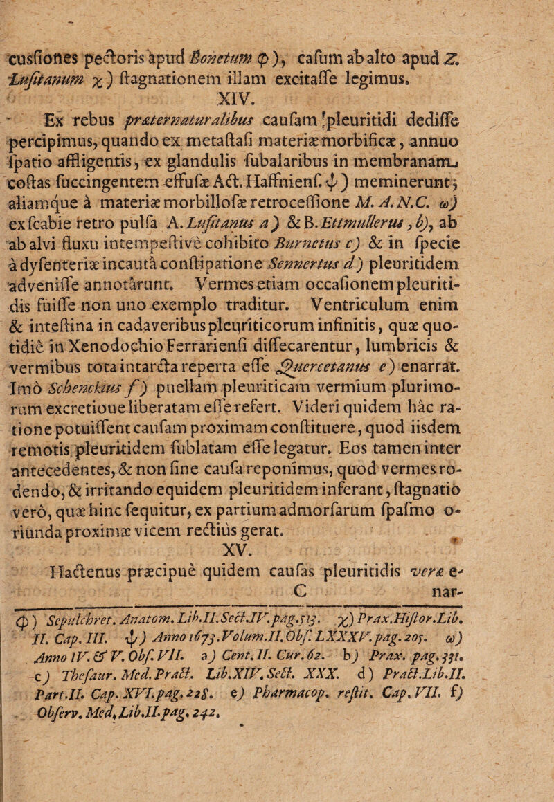 eusfiones pecoris apud Sonetum <p), cafum at alto apud Z. Utjitamm %-) ftagnationem illam excitafle legimus. XIV. Ex rebus pr&tematurdibus caufam fpleuritidi de di fle percipimus, quando ex metaftafi materiaemorbificae, annuo fpatio affligentis, ex glandulis fubalaribus in membranam^ eoftas fuccingentem effufae Ad.HaffhienfiiJ/) meminerunt^ aliamque a materiae morbillofe retroceflione M. A.N.C. &) exfcabie retro pulfa A. Lufitanus a) & B.Ettmullerus, b)y ab ab alvi fluxu incempeftive cohibito Burnetus c) & in (pecie a dyfenteriae incauta conftipadone Sennertus d) pleuritidem advenifle annotarunt. Vermes etiam occationem pleuriti- dis fuifle non uno exemplo traditur. Ventriculum enim & inteftina in cadaveribus pleuriticorum infinitis, quae quo¬ tidie in Xenodochio Ferrarienfi diffecarentur, lumbricis & vermibus tota intarda reperta efle fhicrcetanm e) enarrat. Imo Schenckias f) puellam pleuriticam vermium plurimo¬ rum excretioue liberatam efle refert. Videri quidem hac ra¬ tione potuiffent caufam proximamconftituere, quod iisdem remotis pleuritidem fublatam efle legatur. Eos tamen inter antecedentes, & non fine caufa reponimus, quod vermes ro¬ dendo, & irritando equidem pleuritidem inferant, ftagnatio vero, qu^hinc fequitur, ex partiumadmorfarum fpafmo o- riunda proxima vicem rectius gerat XV. Hactenus praecipue quidem caufas pleuritidis ver* e- C nar- (p) Sepulchret. Anatom. Lib.ILSccfJF.p4g.p3. Pr4x.H1Jloy.Lib. IL Cap, III. %}/) Anno 1673. Volum.lLObf. LXXXV.pag. 205. co) Anno IV. & V. Obf. VII. a) Cent. II. Cur. 62. b) Prax. pag. c) Thefaur. Med. PraB, Lib.XIV. SAI. XXX. d) Pr46l.Lib.IL Part.IL C4p.XVI.p4g.22S. t) Pharmacop. re fit. Cap. VII. f) j Qbfirv. Med> Lib.II.pag. 242.