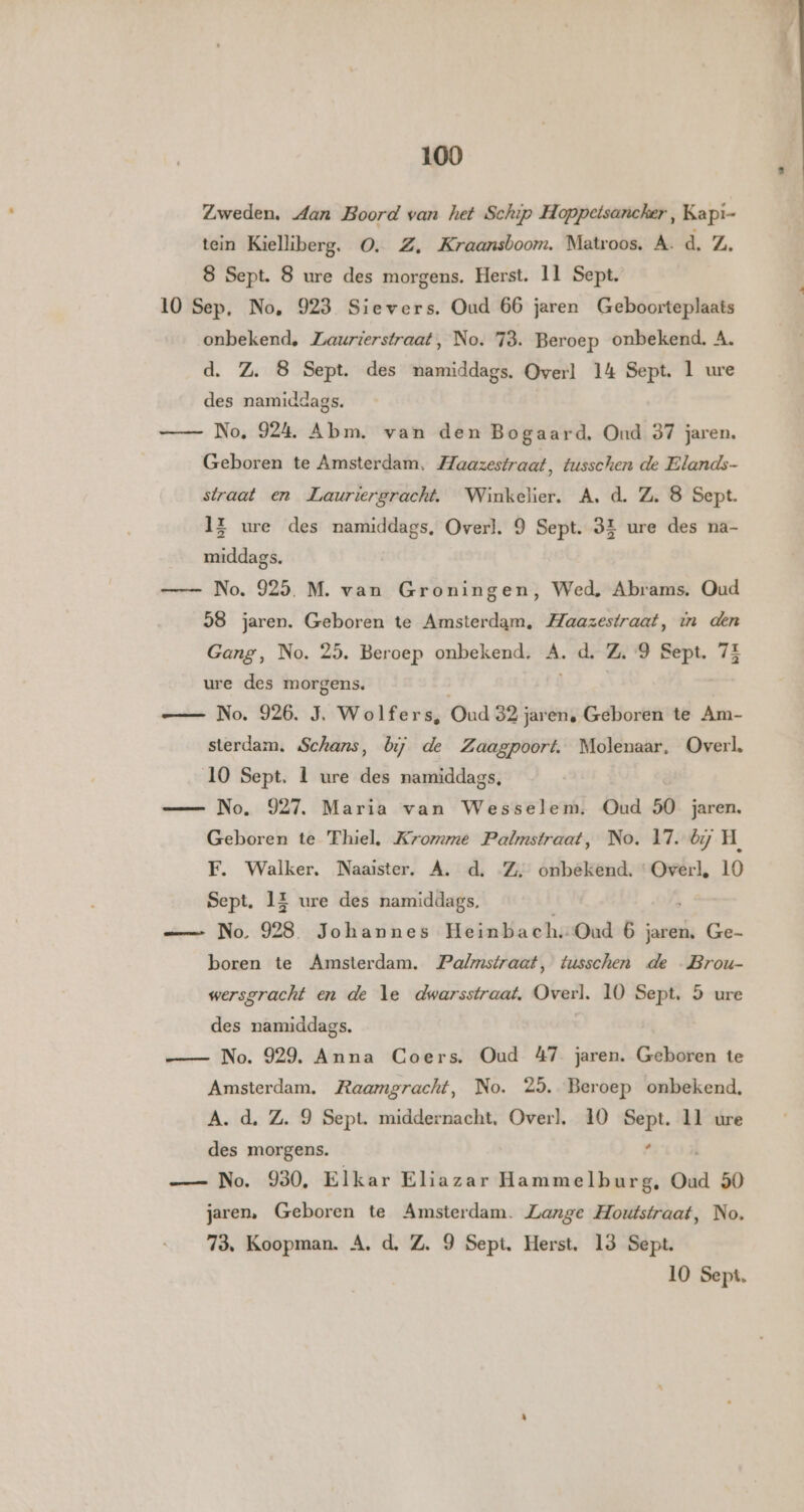 Zweden, dan Boord van het Schip Hoppeisancher, Kapi- tein Kielliberg. O. Z, Kraansboom. Matroos. A. A 8 Sept. 8 ure des morgens. Herst. 11 Sept. 10 Sep. No, 923 Sievers. Oud 66 jaren Geboorteplaats onbekend, Zaurierstraat, No. 73. Beroep onbekend. A. d. Z. 8 Sept. des namiddags. Overl 14 Sept. l ure des namiddags. No, 924. Abm. van den Bogaard. Oud 37 jaren. Geboren te Amsterdam, Haazestraat, tusschen de Elands- straat en Lauriergracht, Winkelier. A. d. Z. 8 Sept. 12 ure des namiddags, Overl. 9 Sept. 3E ure des na- middags. No. 925. M. van Groningen, Wed, Abrams. Oud 58 jaren. Geboren te Amsterdam, Maazestraat, in den Gang, No. 25. Beroep onbekend. 4, d, L. 9 Sept. 71 ure des morgens. — No. 926. J. Wolfers, Oud 32 jaren, Geboren te Am- sterdam. Schans, bij de Zaagpoort, Molenaar, Overl, 10 Sept. 1 ure des namiddags, No. 927. Maria van Wesselem. Oud 50 jaren. Geboren te Fhiel, Kronvne Palmstraat, No. 17. bj H_ F. Walker. Naaister. A. d, Z, onbekend. ‘Overl, 10 Sept, 12 ure des namiddags. =— No. 928 Johannes Heinbach-Oad 6 jaren. Ge- boren te Amsterdam. Palmstraat, tusschen de -Brou- wersgracht en de le dwarsstraat,. Overl. 10 Sept, 5 ure des namiddags. — — No. 929. Anna Coers. Oud 47 jaren. Geboren te Amsterdam. Maamgracht, No. 25. Beroep onbekend, A. d. Z. 9 Sept. middernacht, Overl, 10 Sept. 11 ure des morgens. pi —- No. 930, Elkar Eliazar Hammelburg, Oud 50 jaren, Geboren te Amsterdam. Lange Houtstraat, No. 73, Koopman. A, d, Z. 9 Sept. Herst. 13 Sept.