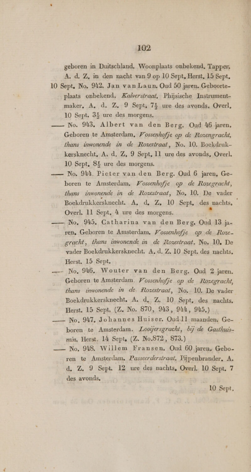 geboren in Duitschland, Woonplaats onbekend, Tapper, A. d. Z, im den nacht van 9 op 10 Sept, Herst, 15 Sept, 10 Sept, No. 942, Jan van Laun, Oud 50 jaren. Geboorte- plaats onbekend, Kalverstraat, Phijsische Instrument maker, A. d. Z, 9 Sept, 7E ure des avonds, Overl, 10 Sept. 32 ure des morgens. No. 943, Albert van den Berg. Oud 46 jaren, Geboren te Amsterdam, Wossenhofje op de Rozengracht, thans uwonende tn de Rozestraat, No. 10. Boekdruk- kersknecht, A, d, Z, 9 Sept, Il ure des avonds, Overl. 10 Sept, 8E ure des morgens. =— No, 944. Pieter van den Berg. Oud 6 jaren, Ge- boren te Amsterdam, Wossenhofje op de Rozegracht, thans inwonende in de Rozestraat, No, 10. De vader Boekdrukkersknecht. A, d. Z. 10 Sept. des nachts, Overl. 11 Sept, 4 ure des morgens. ke No, 945. Catharina van den Berg, Oud 13 ja- ren, Geboren te Amsterdam. 7 ossenhofje op de Roze gracht, thans inwonende in de Rozestraat. No. 10, De vader Boekdrukkersknecht. A, d. Z, 10 Sept, des nachts, Herst, 15 Sept. —-— No, 946, Wouter van den Berg. Oud 2 jaren. Geboren te Amsterdam. Wossenhofje op de Rozegracht, thans urwonende in de. Rozestraat, No. 10. De vader Boekdrukkersknecht, A. d, Z, 10 Sept, des nachts, Herst. 15 Sept, (Z, No. 870, 943, 94, 945.) No, 947, Johannes Huiser. Oudll maanden, Ge- boren te Amsterdam. Loowgersgracht, bij de Gasthuis- min. Herst, 14 Sept, (Z. No.872, 873.) _—— No, 948. Willem Fransen, Oud 60 jaren, Gebo- ren te Amsterdam, Passcerderstraat, Pipenbrander, A. d, Z. 9 Sept. 12 ure des machts, Overl. 10 Sept. 7 des avonds,