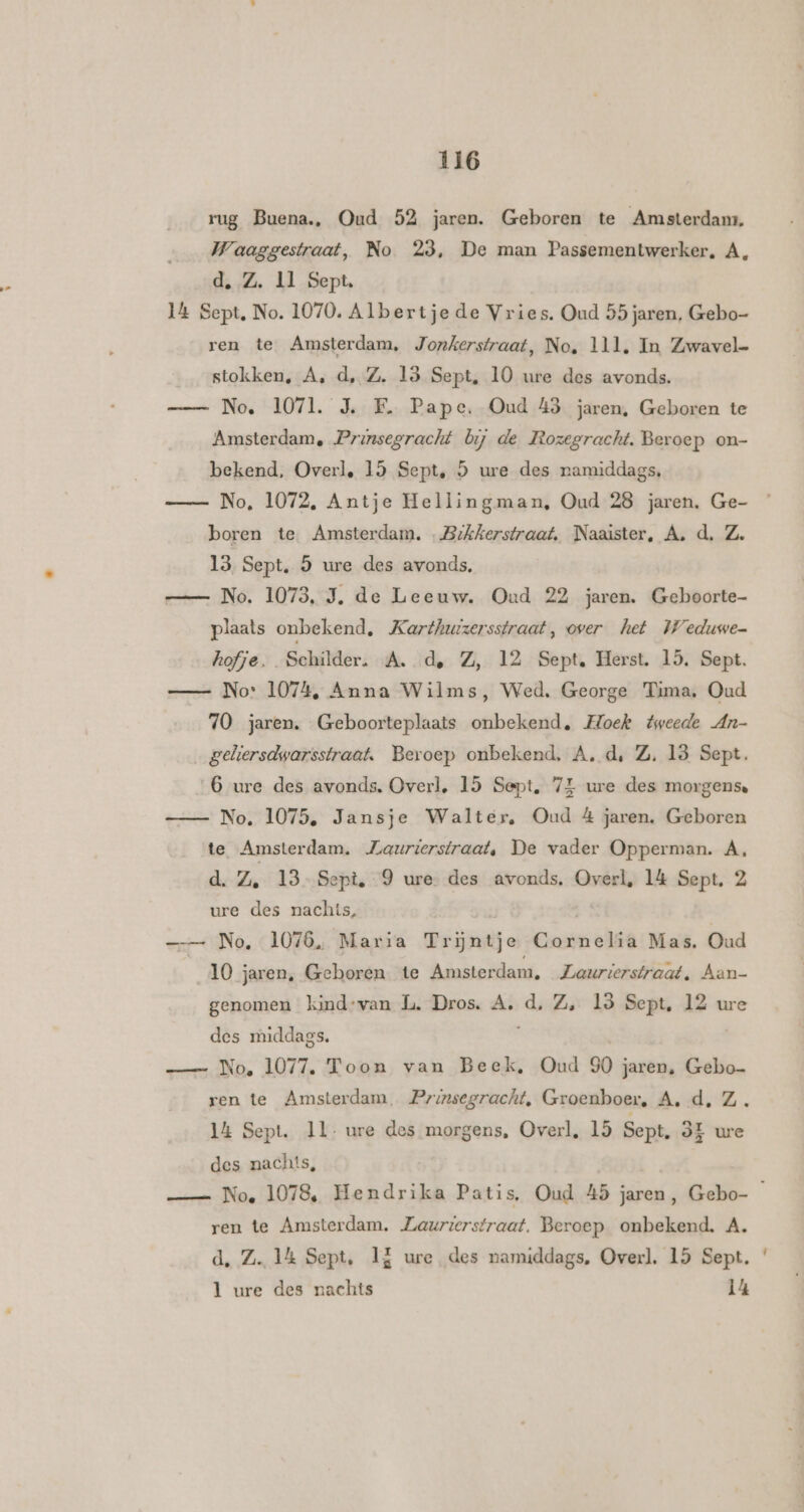 rug Buena, Oud 52 jaren. Geboren te Amsterdam, Waaggestraat, No 29, De man Passementwerker, A, d, Z. 1l Sept, lt Sept, No. 1070. Albertje de Vries. Oud 55 jaren, Gebo- ren te Amsterdam, Jonkerstraat, No. 111, In Zwavel= _ stokken, A, d, Z. 13 Sept, 10 ure des avonds. — No, 1071. J, F. Pape. Oud 43 jaren, Geboren te Amsterdam, Prinsegracht bij de Rozegracht. Beroep on- bekend, Overl, 15 Sept, 5 ure des namiddags, No, 1072, Antje Hellingman, Oud 28 jaren. Ge- boren te Amsterdam. .Bikkerstraat, Naaister, A. d. Z. 13. Sept, 9 ure des avonds. — No. 1073, J. de Leeuw. Oud 22 jaren. Geboorte- plaats onbekend, Karttwzersstraat, over het IWeduwe- hofje. Schilder. A. d, Z, 12 Sept, Herst. 15. Sept. No: 1074, Anna Wilms, Wed, George ‘Tima, Oud 70 jaren. Geboorteplaats onbekend, Hoek tweede An- geliersdwarsstraat, Beroep onbekend, A. d, Z, 13 Sept. 6 ure des avonds. Overl, 15 Sept, 74 ure des morgense No. 1075, Jansje Walter, Oud &amp; jaren. Geboren te Amsterdam. Zaurterstraat, De vader Opperman. Á, d.Z. 13 Sept. 9 ure. des avonds. Overl, 14 Sept, 2 ure des nachts, —— No, 1076, Maria Trijntje Cornelia Mas, Oud 10 jaren, Geboren. te Amsterdam, Laurterstraat, Aan- genomen kind-van L. Dros. A, d, Z, 13 Sept, 12 ure des middags. —— No, 1077, Toon van Beek, Oud 90 jaren, Gebo ren te Amsterdam. Prinsegracht, Groenboer, A. d, Z. lk Sept. 11: ure des morgens, Overl, 15 Sept, 3E ure des nachts, ren te Amsterdam, Zaurzerstraat. Beroep onbekend. A. d, Z. 14 Sept, 1f ure des namiddags, Overl. 15 Sept. l ure des nachts 14 En